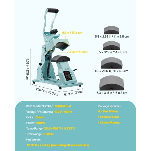 Hut-Heißpressmaschine für Kappen Hutpresse mit 4 Platten für HTV Grün | EU