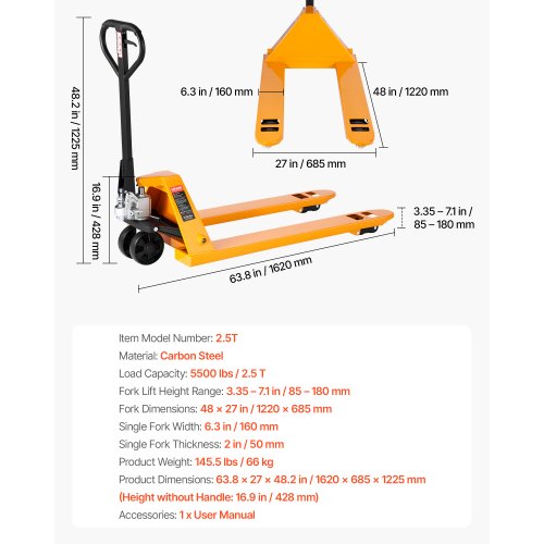 Palltruck, 2,5 ton lastkapacitet, manuell palltruck med gafflar på 122 l x 68,6 b cm för materialhantering, lyfthöjd 85–180 mm, lämplig för lager, stormarknad, tillverkning | EU
