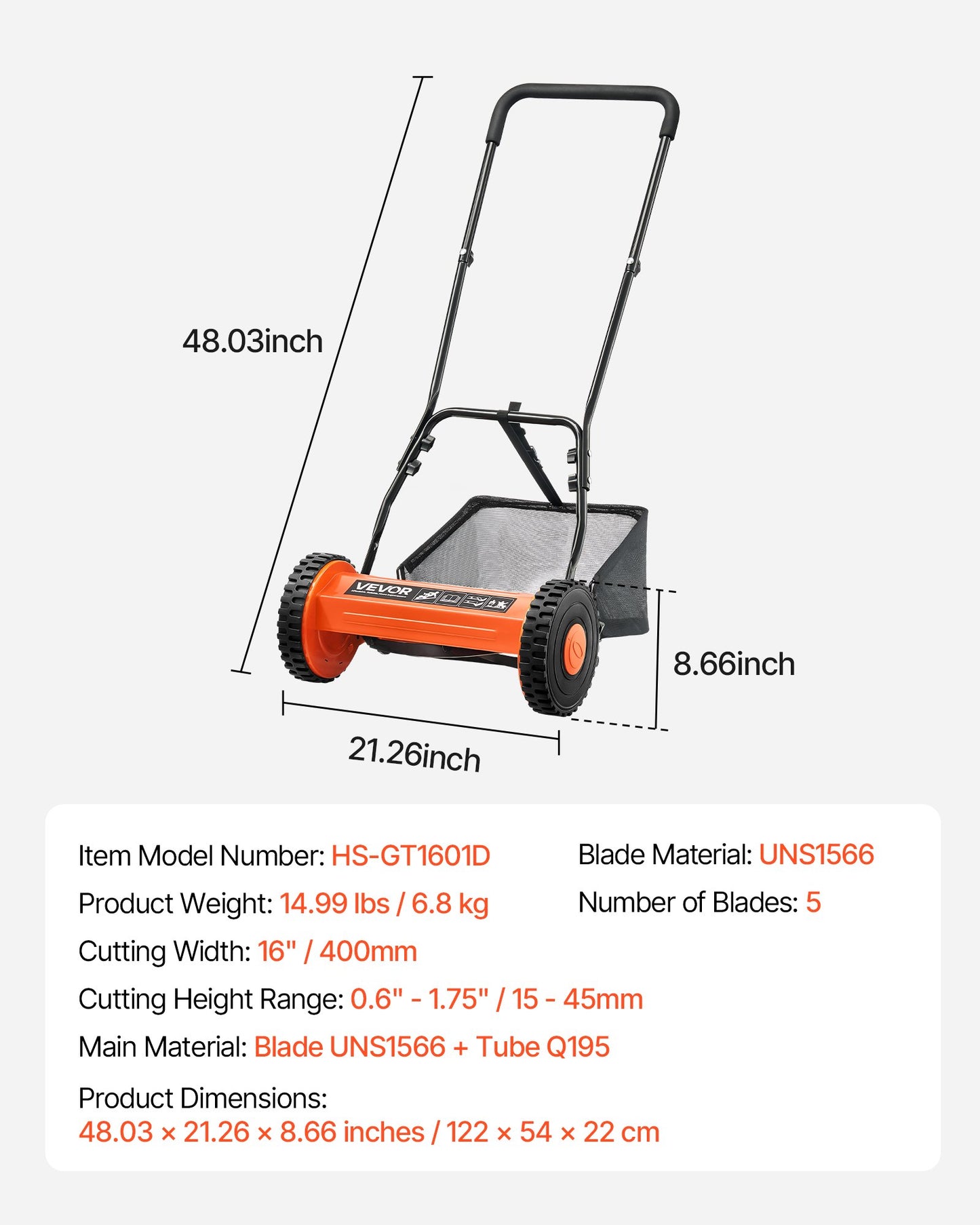 Push Reel Lawn Mower 16 inch, 5 Blades Manual Push Mower No Motor, 0.6-1.75 in Adjustable Cutting Height, Walk-Behind Lawn Mowers with Grass Catcher Bag for Green Lawns, Driveways, Courtyards