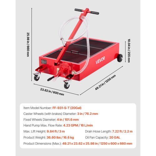 lågprofils oljetråg, 75,7 l kapacitet, rullande oljetråg med manuell pump, 2,2 m slang och vikbart T-handtag, läckagesäker och korrosionsbeständig, lämplig för bilar, stadsjeepar, lastbilar, fyrhjulingar, röd | EU