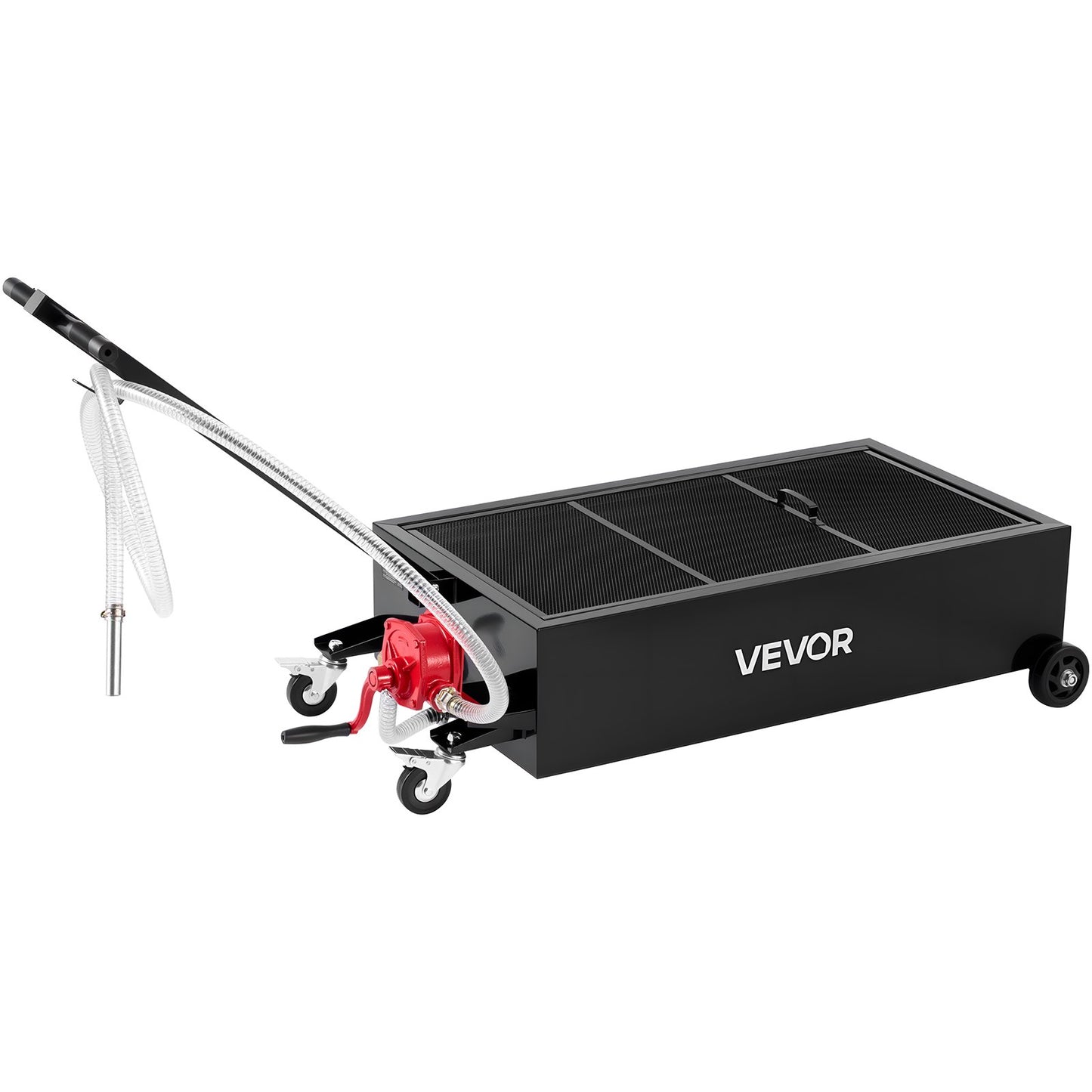 Low Profile Oil Drain Pan, 25 Gallon Capacity, Rolling Oil Drain Pan with Manual Pump, 7.2 ft Hose & T Folding Handle, Leak-proof & Corrosion-resistant, Fit for Cars, SUVs, Trucks, ATVs, Black