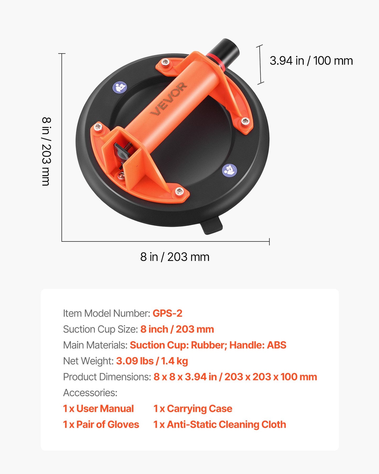 Vacuum Suction Cup, 8-Inch Vacuum Glass Lifter with ABS Handle, 400 lbs Max Lifting Capacity Tile Suction Cup Tool with Carrying Case for Lifting Large Tile, Granite, Drywall, Windows (2-Pack)