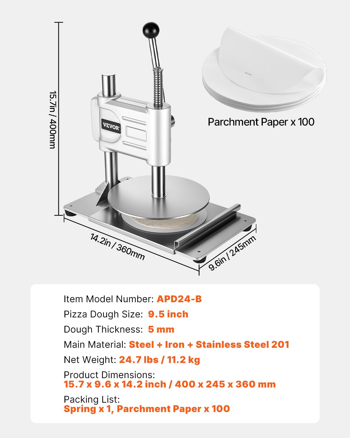 Manual Pizza Dough Press Machine, 9.5 inch Pizza Pastry Press Plate, Stainless Steel Bread Presser, Commercial Chapati Sheet Crust Maker, Forming Machine with Handle and 100 Pcs Parchment Paper