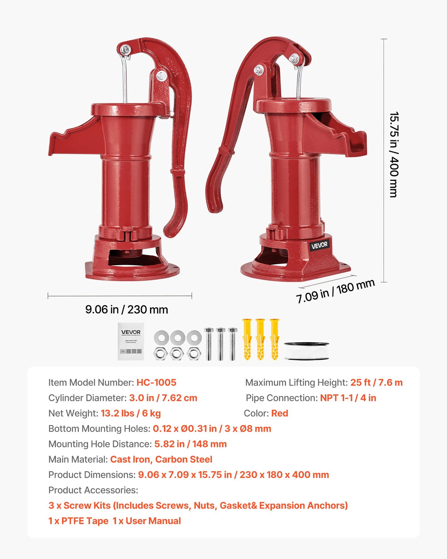 Well Hand Pitcher Pump, 25 ft Maximum Lift, Antique Cast Iron Manual Hand Water Pump, NPT 1-1/4 in Connection, Easy Installation, Old Fashioned for Outdoor Garden, Pond, Backyard, Farm, Red