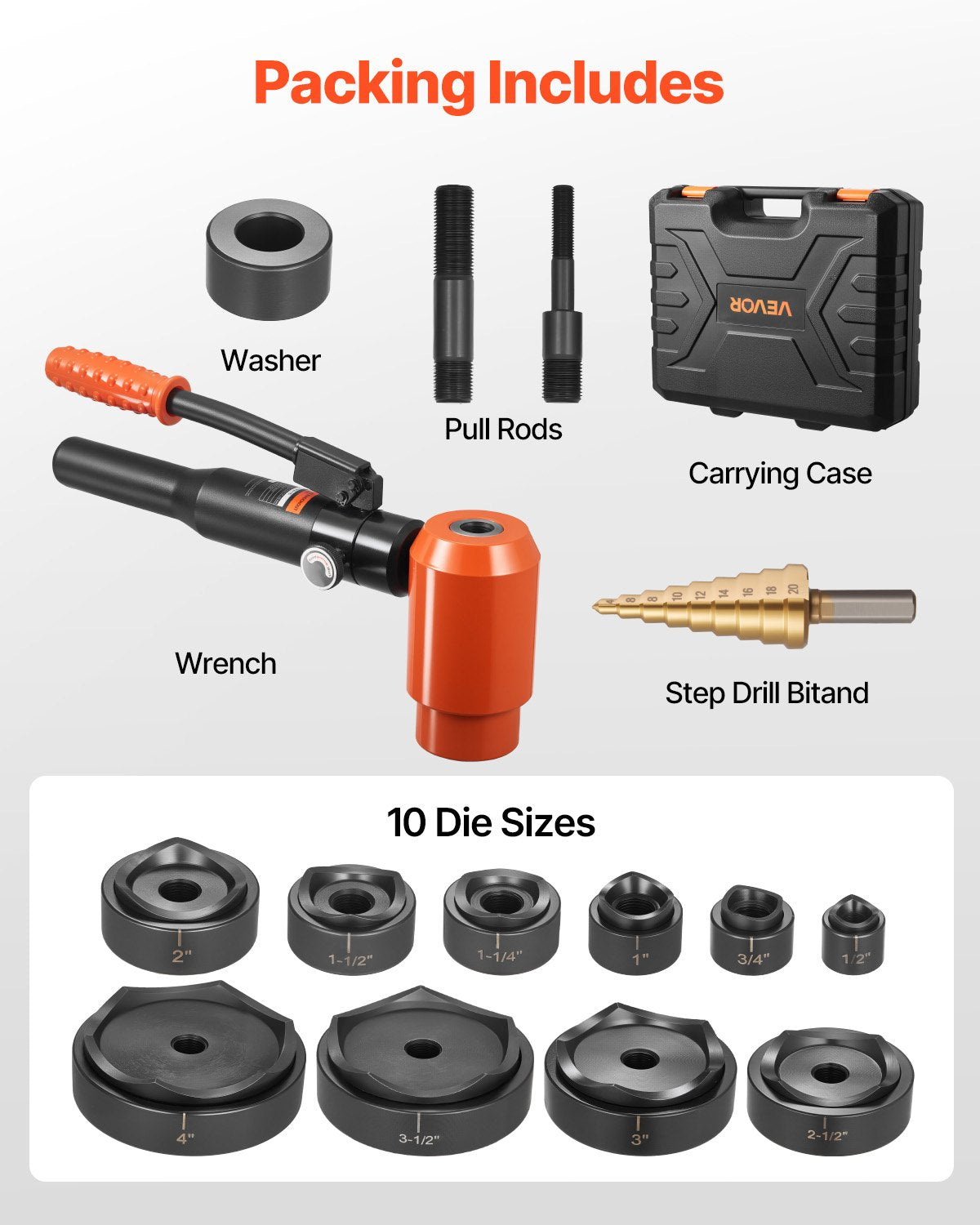 Knockout Punch Set, 15 Ton Hydraulic Knockout Set, 1/2" to 4" KO Tool Kit Hole Making Tool, KO Tools Kit W/10 Dies for Metal Electrical Cabinets, Electrical Control Cabinets, Switch Cabinets