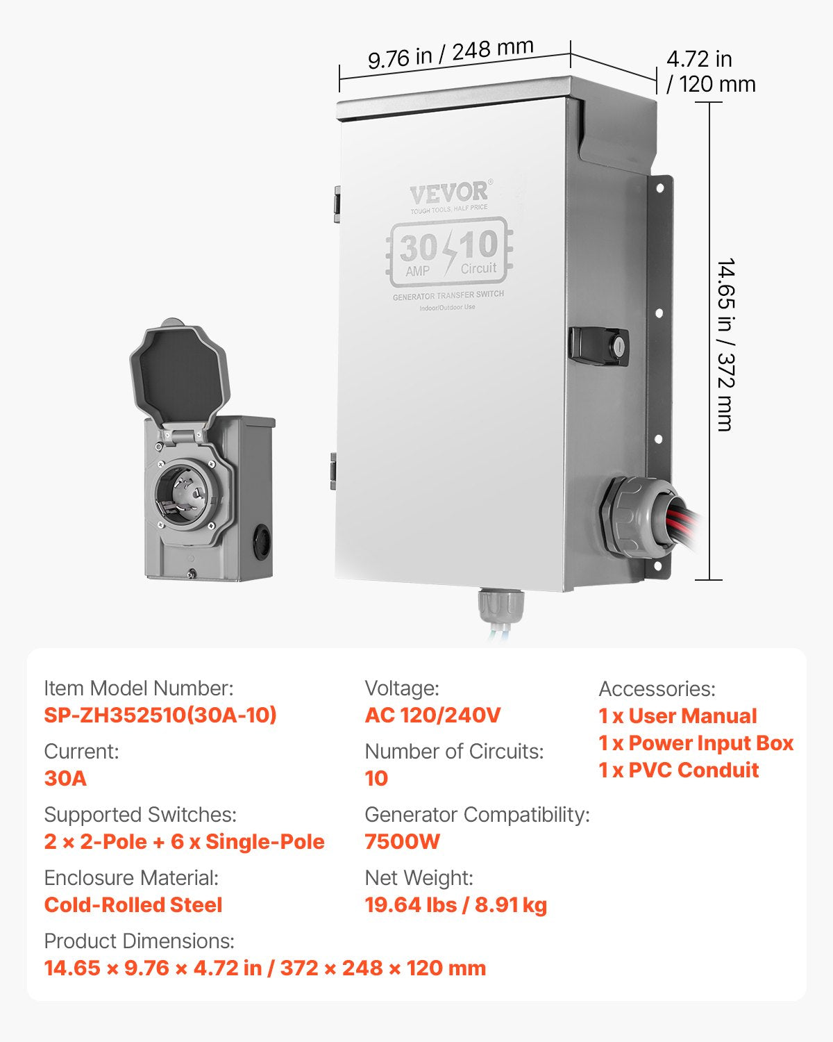 Manual Transfer Switch, 30-Amp 10-Circuit, Prewired Generator Transfer Switch Kit with NEMA L14-30P Power Inlet Box, Double-Throw Switch, NEMA 3R, Mechanical Watt Meter, for 7500W Generators