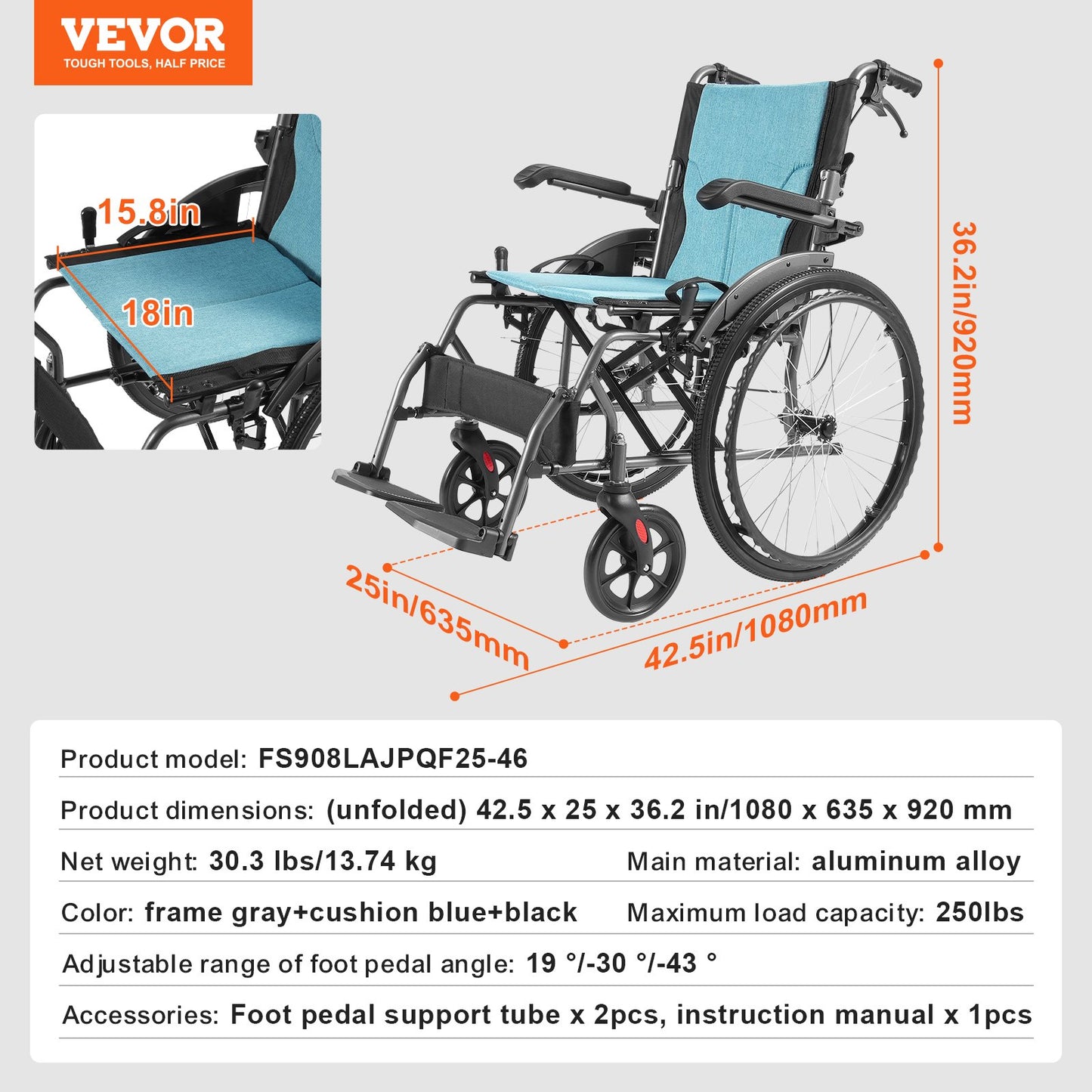 Wheelchair Aluminum Alloy Ultra-Lightweight 18-In Wide Seat 250lbs