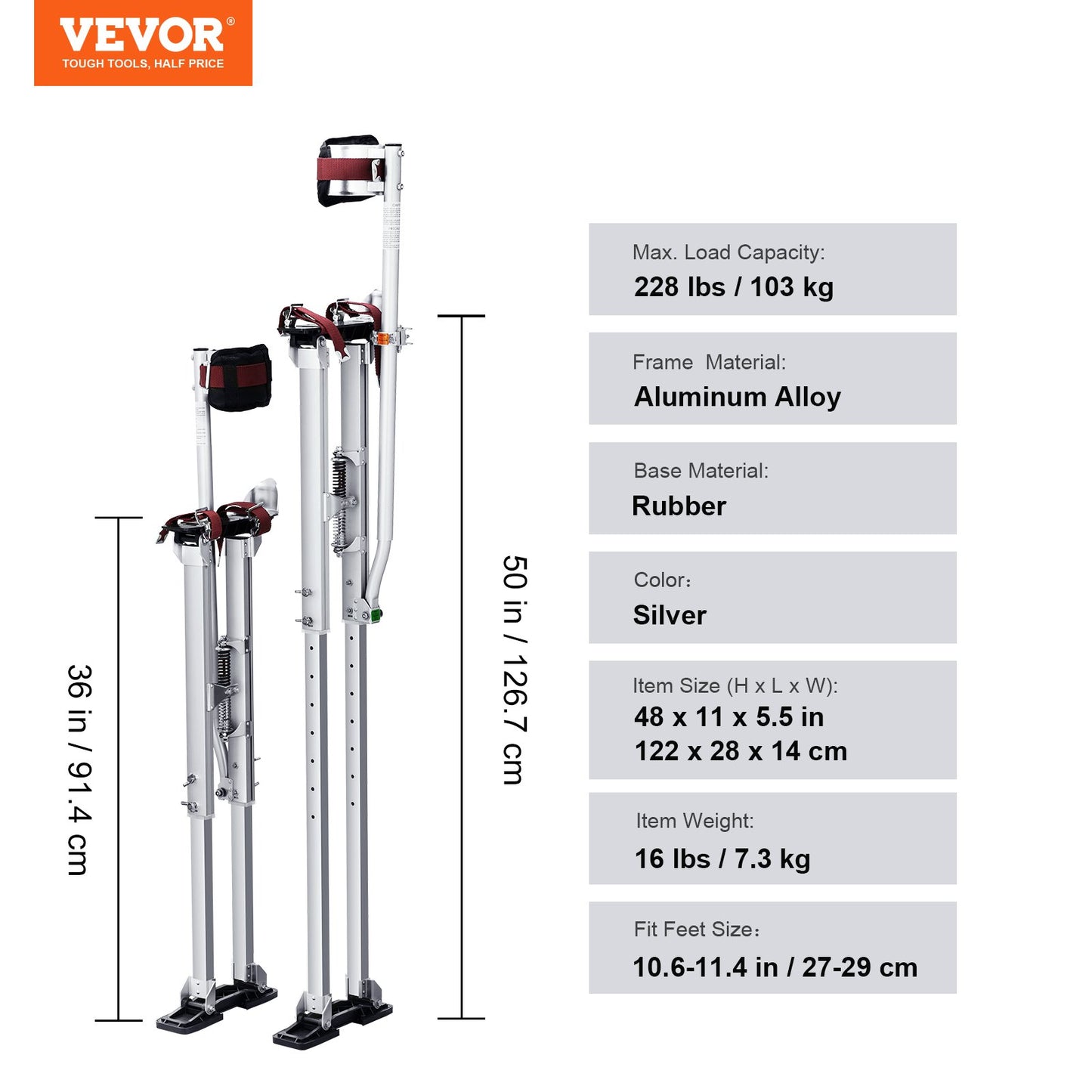 Drywall Stilts, 36''-50'' Adjustable Aluminum Tool Stilts with Protective Knee Pads, Durable and Non-slip Work Stilts for Sheetrock Painting, Walking, Taping, Silver