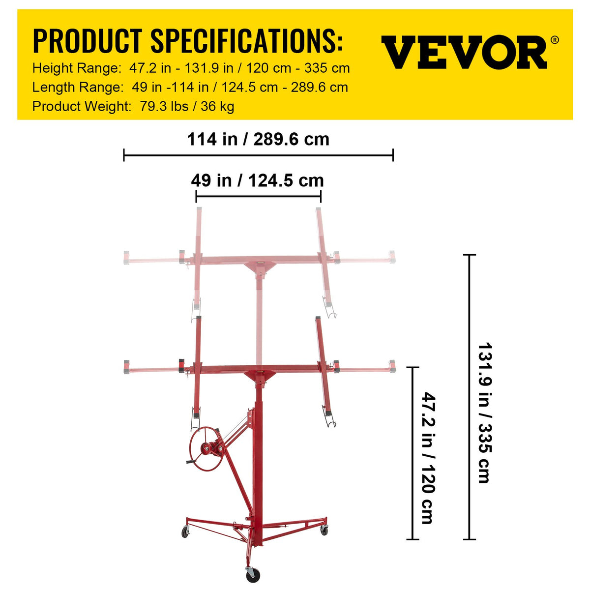Drywall Rolling Lifter Panel, 11ft Sheetrock Lift Drywall Lift, 150lb Weight Capacity Panel Hoist Jack Tool, Steel Material with Telescopic Arm & 3 Lockable Wheels, 48x192 in Plasterboard Size