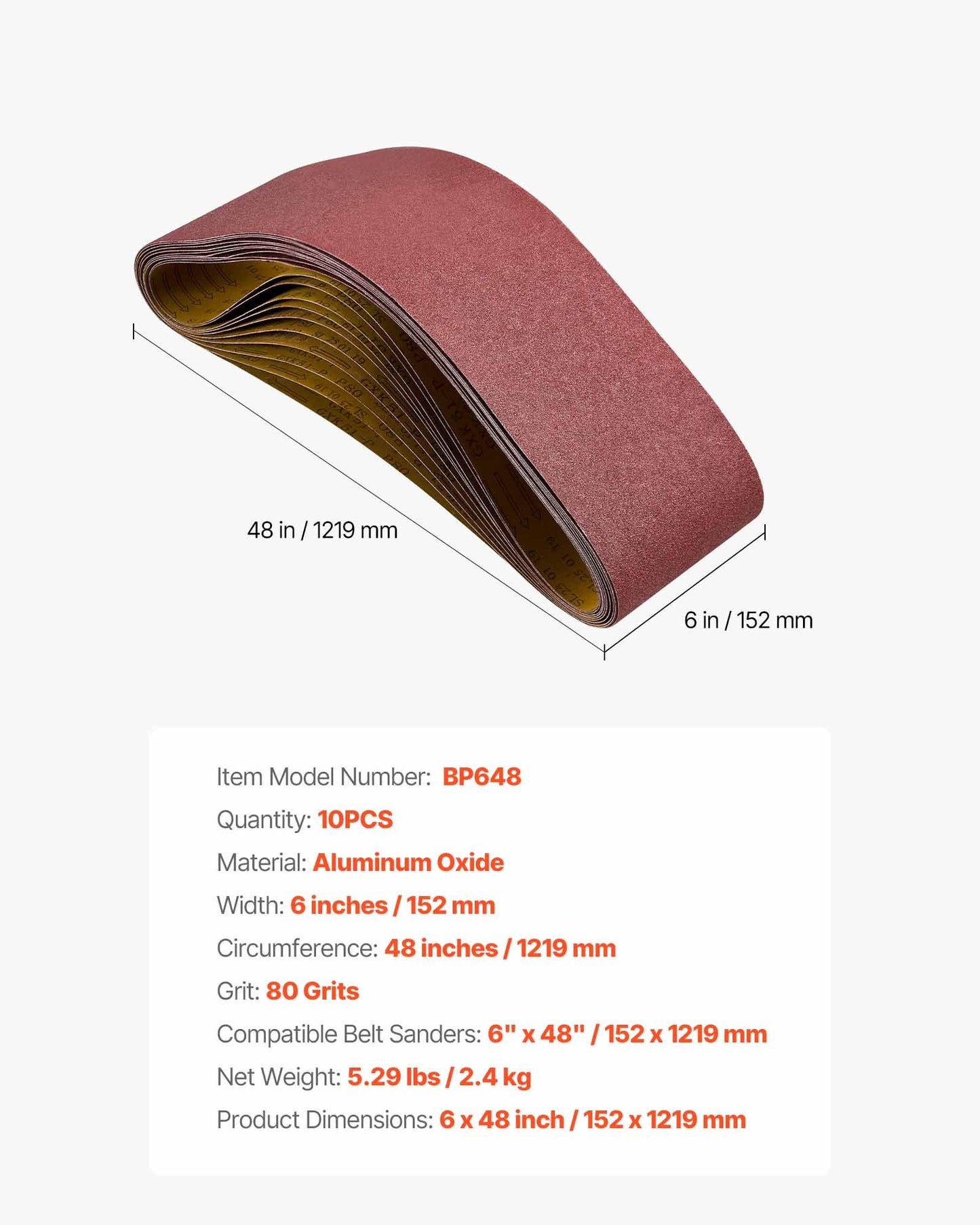 Sanding Belts, 6 x 48-inch Belt Sander Sanding Belts, 10PCS 80 Grit Aluminum Oxide for Woodworking, Steel, Aluminum, Non-Ferrous Metals