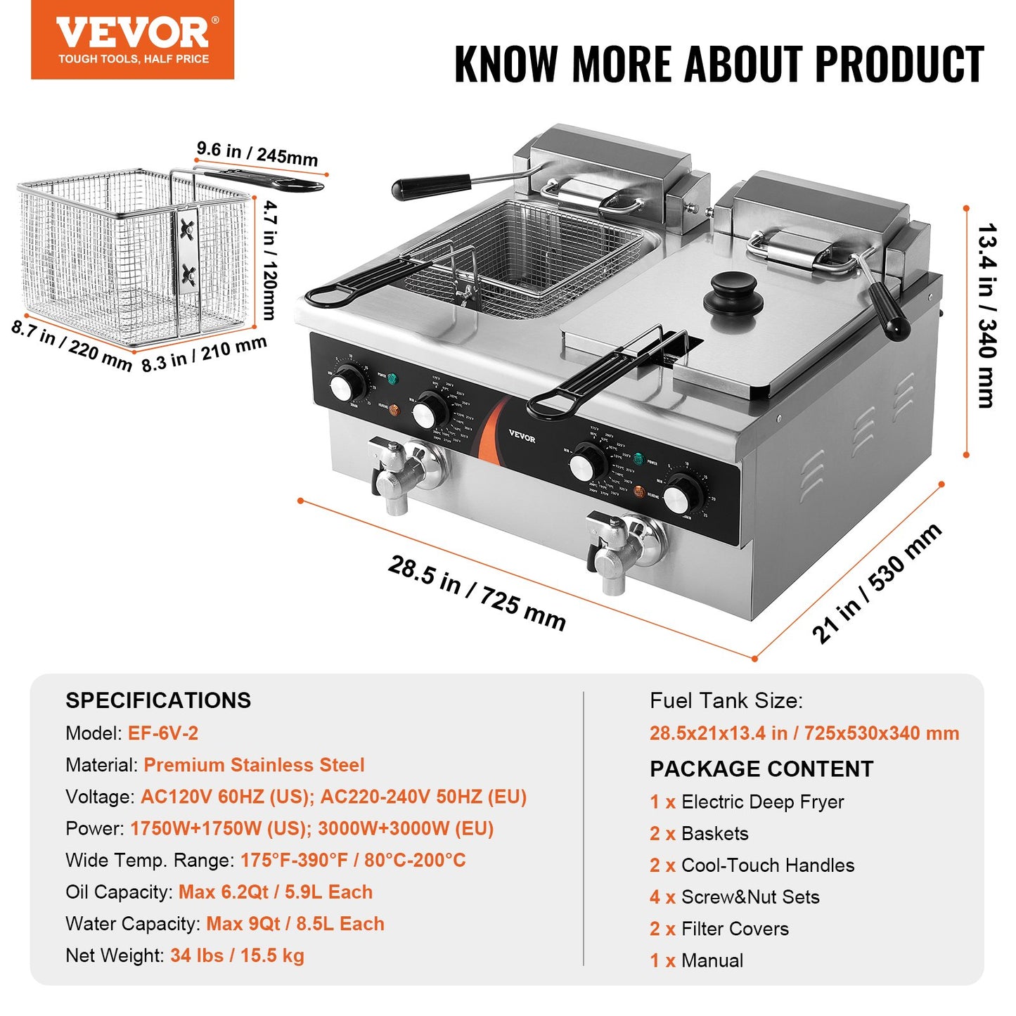 Commercial Deep Fryer, Dual Tank 3500W Electric Countertop Fryer, 2 x 9Qt / 8.5L Double Oil Fryer with 2 Baskets, 1mm Thickened Stainless Steel, Time & Temp Control, for Kitchen Restaurant Use