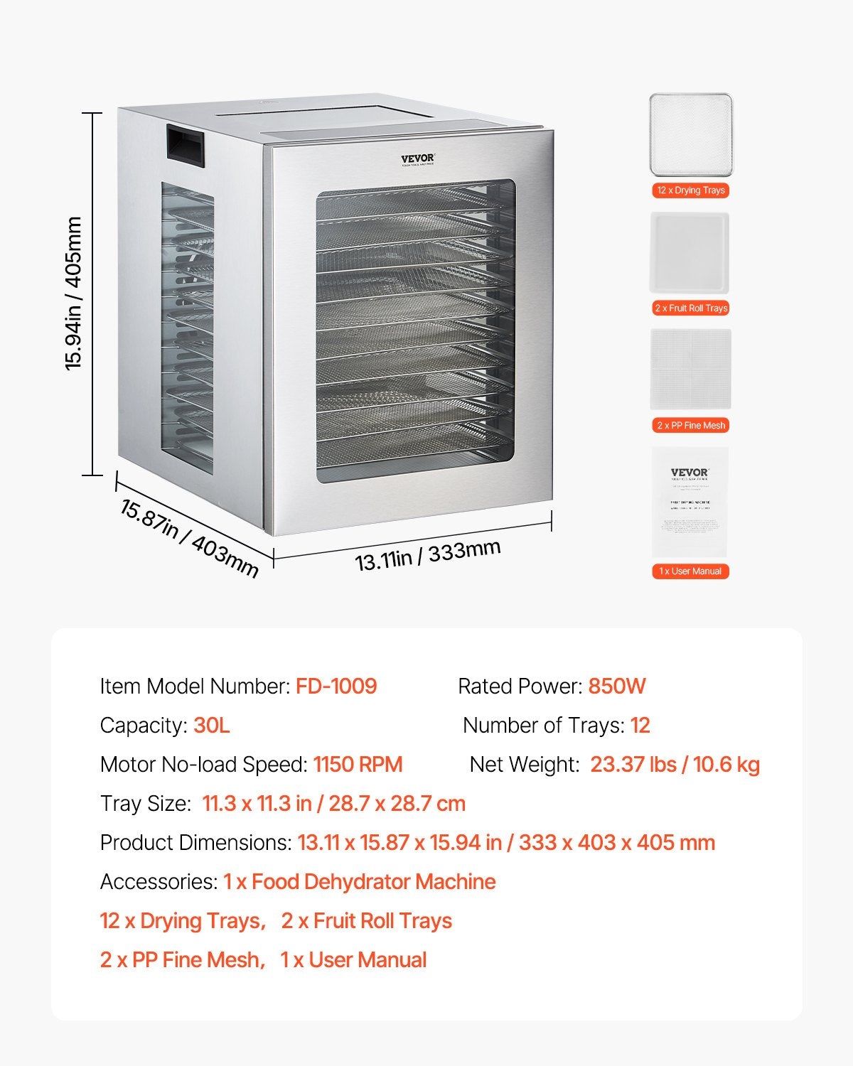Food Dehydrator Machine, 12 Stainless Steel Trays, 850W Electric Food Dryer with Adjustable Temperature & 24-Hour Timer, Freeze Dryer for Jerky, Meat, Fruit, Vegetables, Herbs, Dog Treats