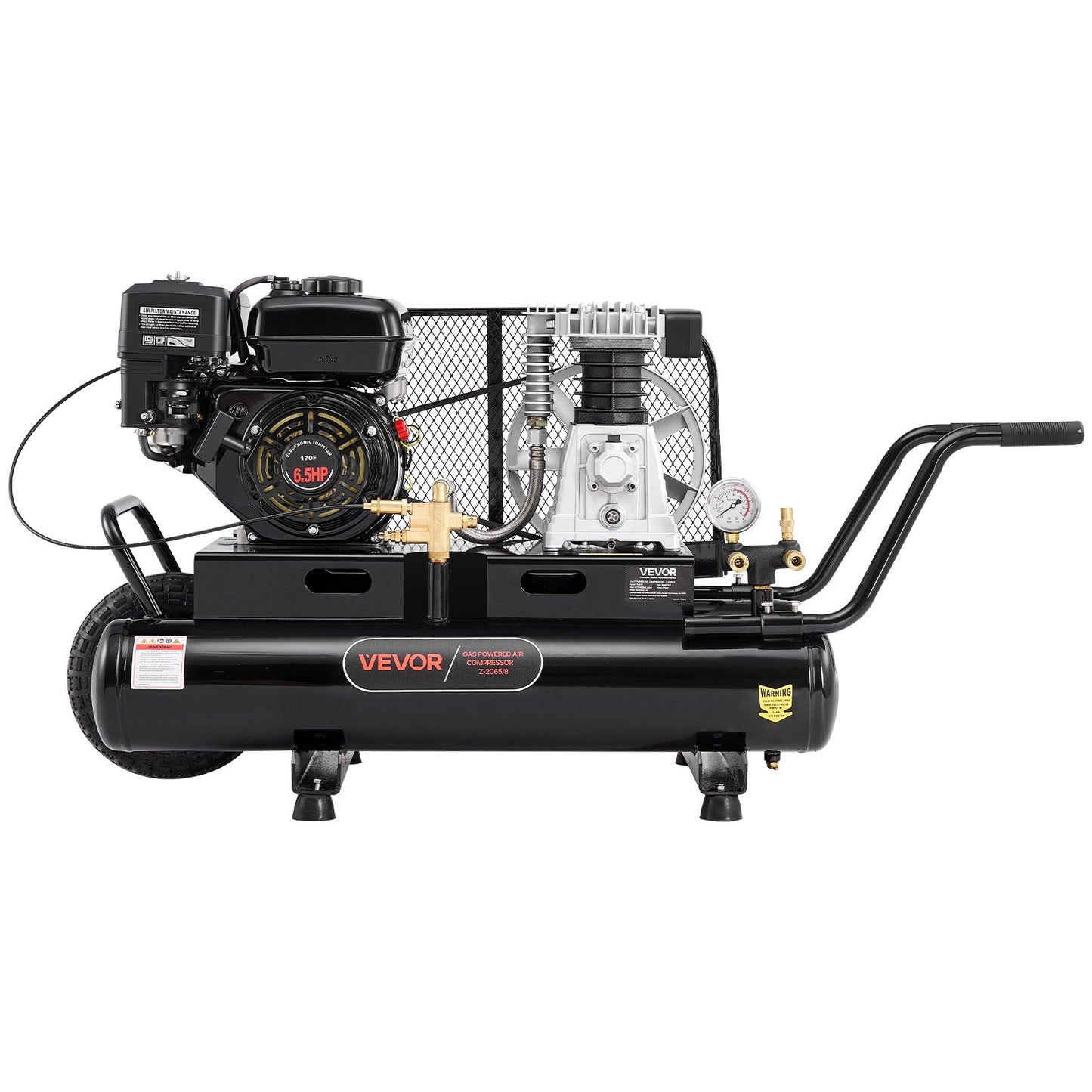 9 Gallon Twin-Tank Gas Powered Air Compressor, 6.5HP 9CFM Gas Driven Air Compressor Tank on Wheel, Max 115PSI Piston Pump Air-Compressed System for Tire Inflation, Auto Repairs, Spray Painting