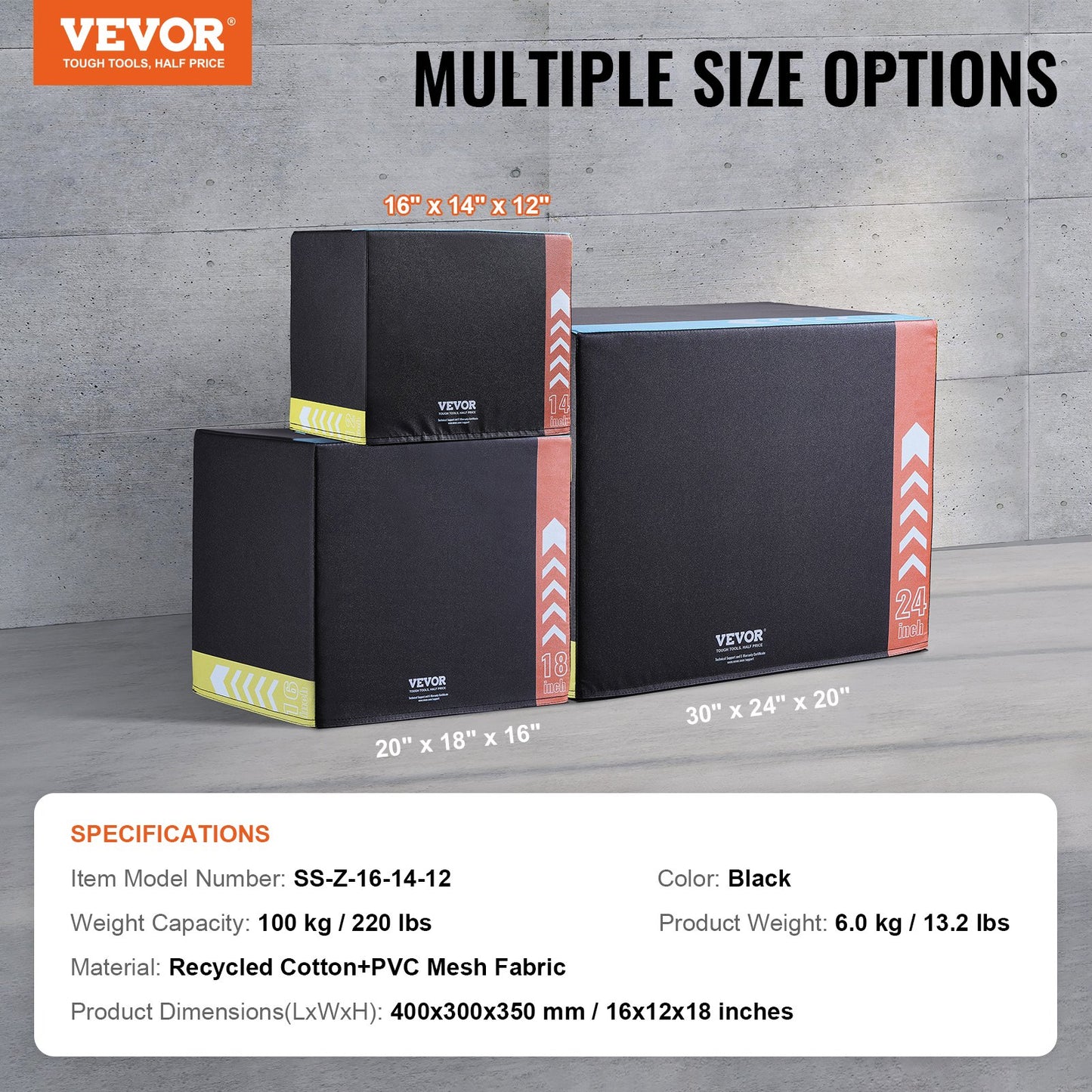 3 in 1 Plyometric Jump Box, 16/14/12 Inch Cotton Plyo Box, Platform & Jumping Agility Box, Anti-Slip Fitness Exercise Step Up Box for Home Gym Training, Conditioning Strength Training, Black