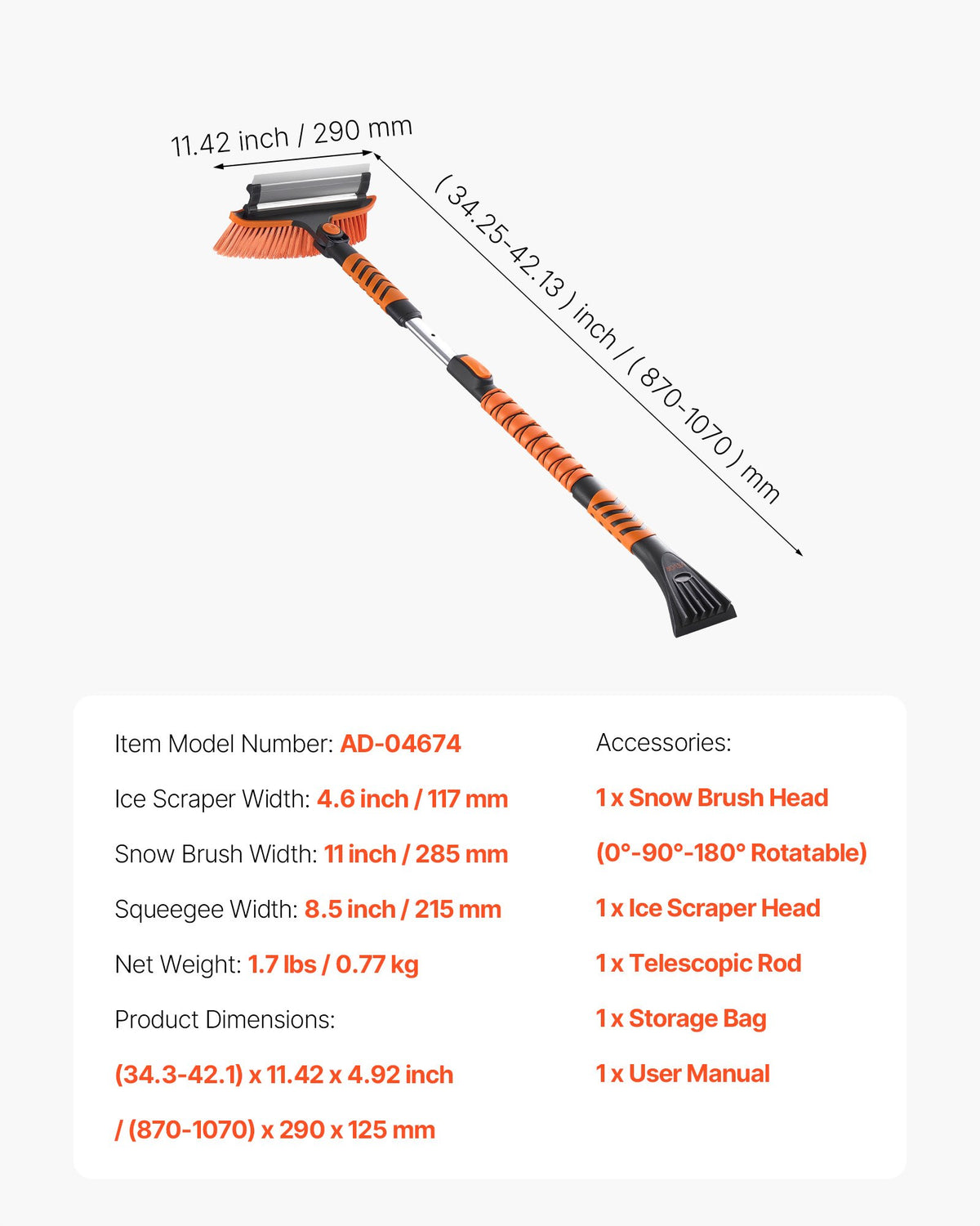 Car Snow Brush, 3-in-1 Snow Remover for Car Windshield - with 180° Pivoting Brush Head, Squeegee & Ice Scraper, 34.3"-42.1" Extendable Aluminum Handle and Foam Grip for Cars, Truck, SUV, RV