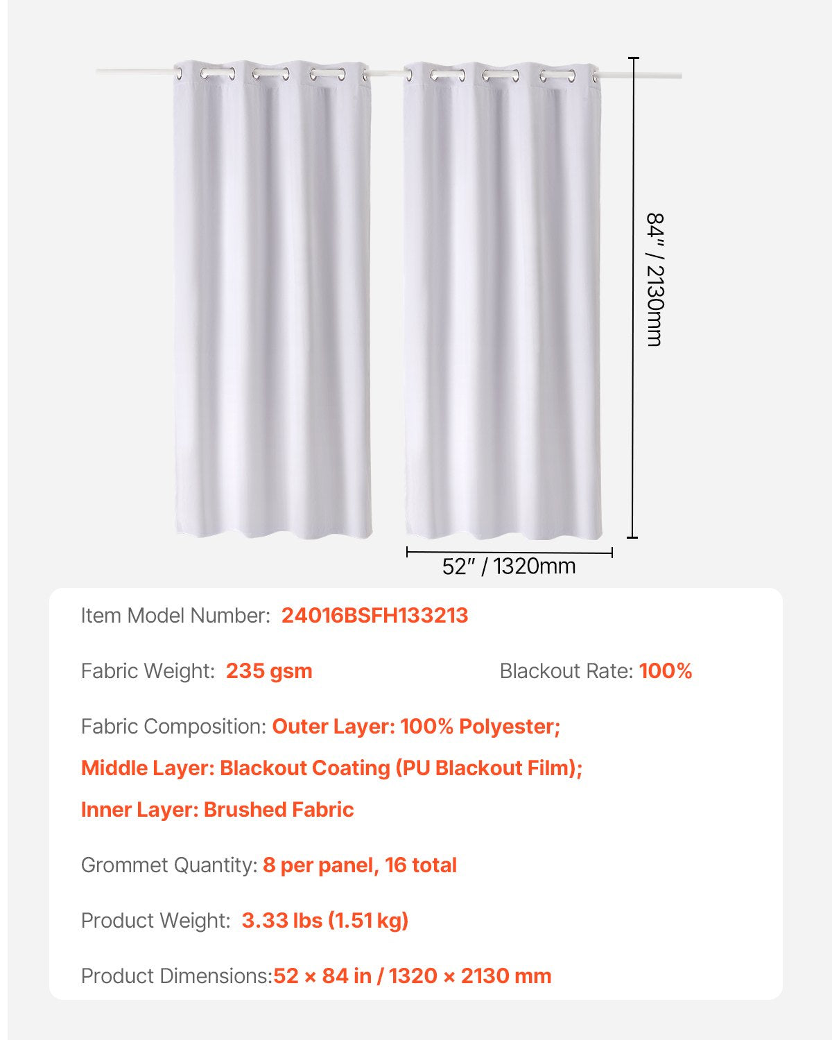Blackout Curtains, 84 Inch Length 2 Panels Set, 52 Inch Wide Each, Thermal Insulated 100% Blackout Light Blocking Drapes, 3-Layer, with Grommets, Curtains for Bedroom Living Room Window, White