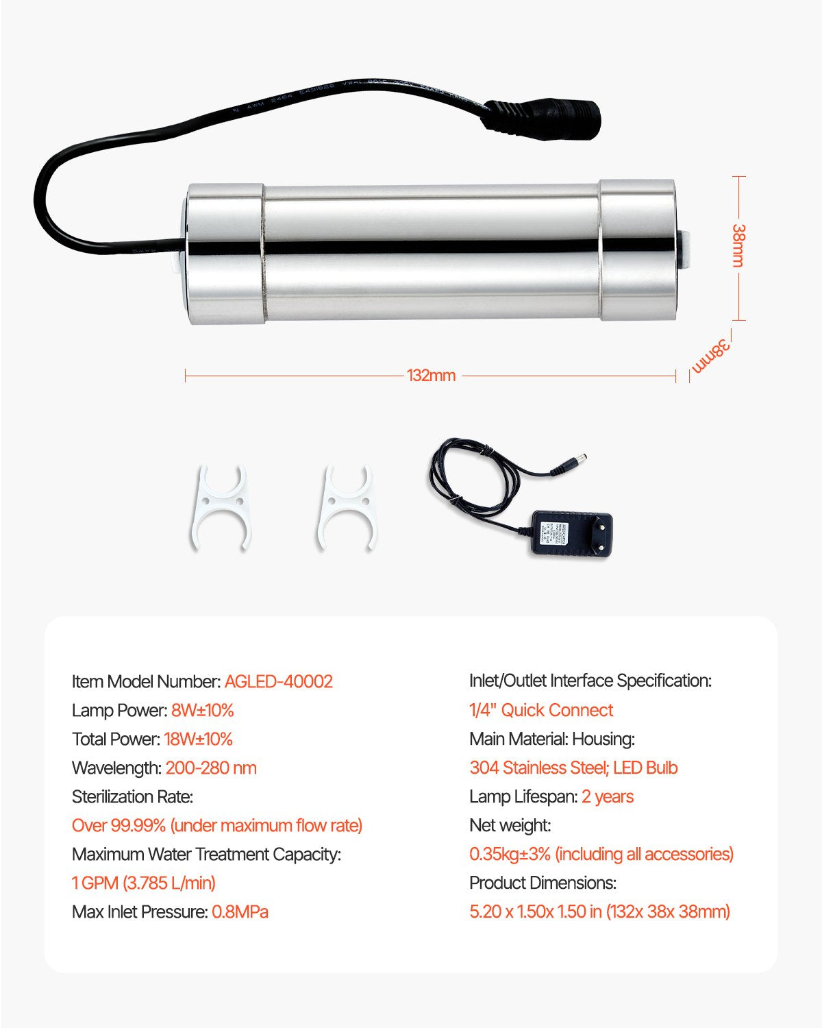 UV Water Purifier, 8W 1GPM, 110V Versatile Ultraviolet Water Purifier Filter with Stainless Steel Housing, Whole House UV Water Filter with Quartz Sleeve Fit for Shower/Drinking/Cleaning