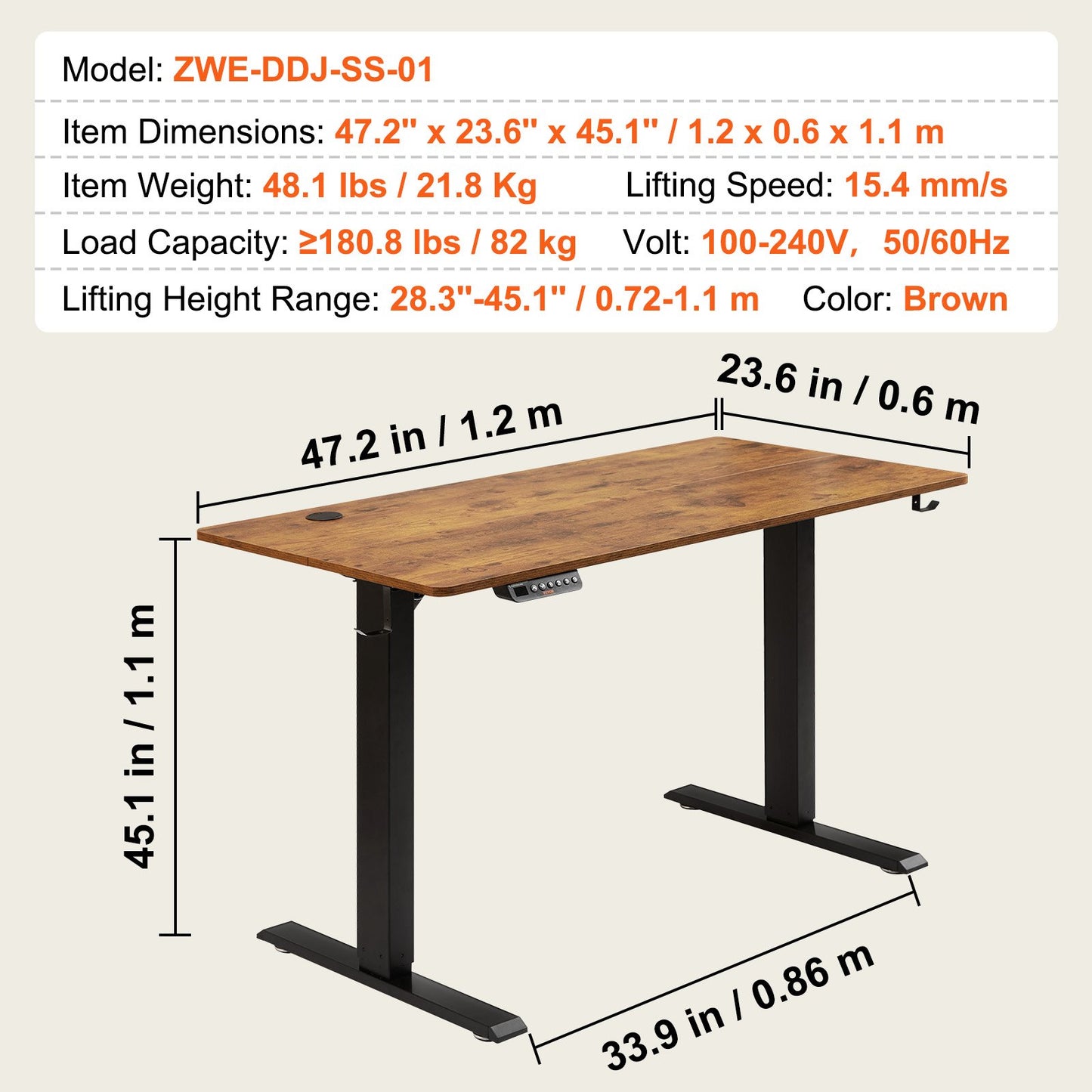 Height Adjustable Desk, 47.2 x 23.6 in, 3-Key Modes Electric Standing Desk, Whole Piece Desk Board, Sturdy Dual Metal Frame, Max. Loading 180 LBS Computer Sit Stand up Desk, for Home and Office