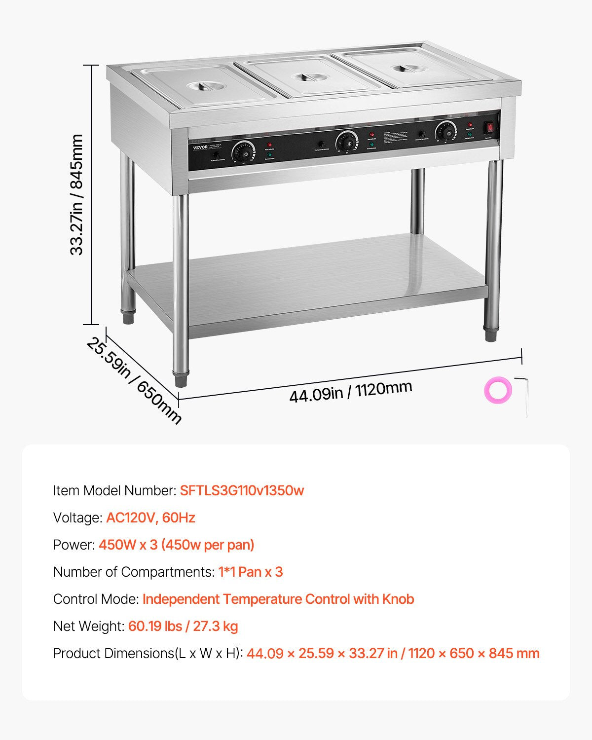 3-Pan Commercial Food Warmer, Electric Steam Table with Independent Temperature Control, 450W x 3 Stainless Steel Buffet Catering Food Warmer with Undershelf, for Restaurant Party