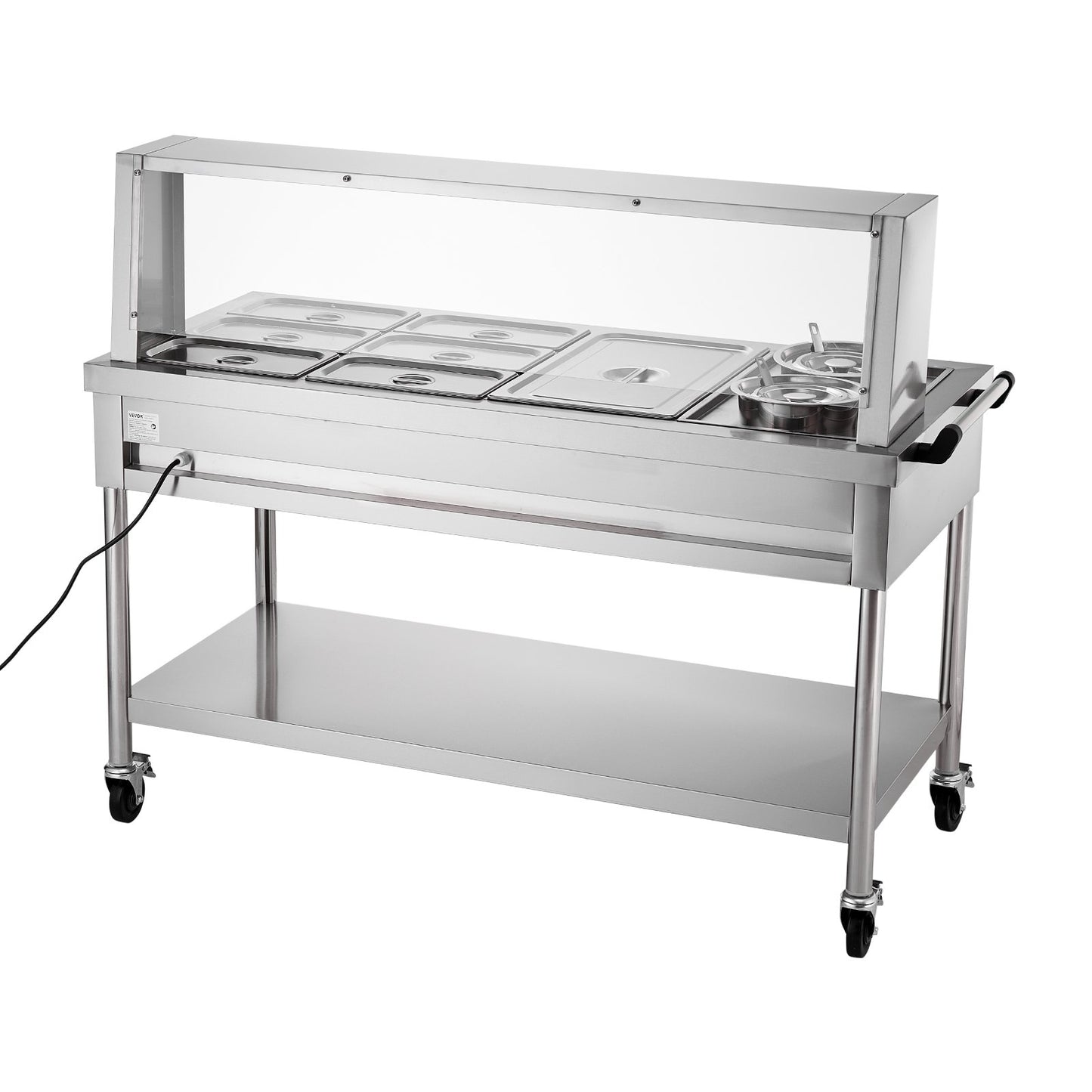 Commercial Food Warmer, 7 Pans + 2 Pots Electric Steam Table, 1800W Professional Buffet Catering Food Warmer with Shield Undershelf Wheels, Stainless Steel Server for Party Restaurant Hotel
