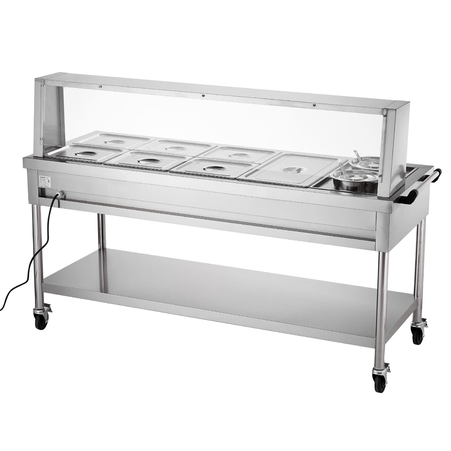 Commercial Electric Food Warmer, 7 Pans + 2 Pots Steam Table, 1800W Professional Buffet Catering Food Warmer with Shield Undershelf Wheels, Stainless Steel Server for Party Restaurant