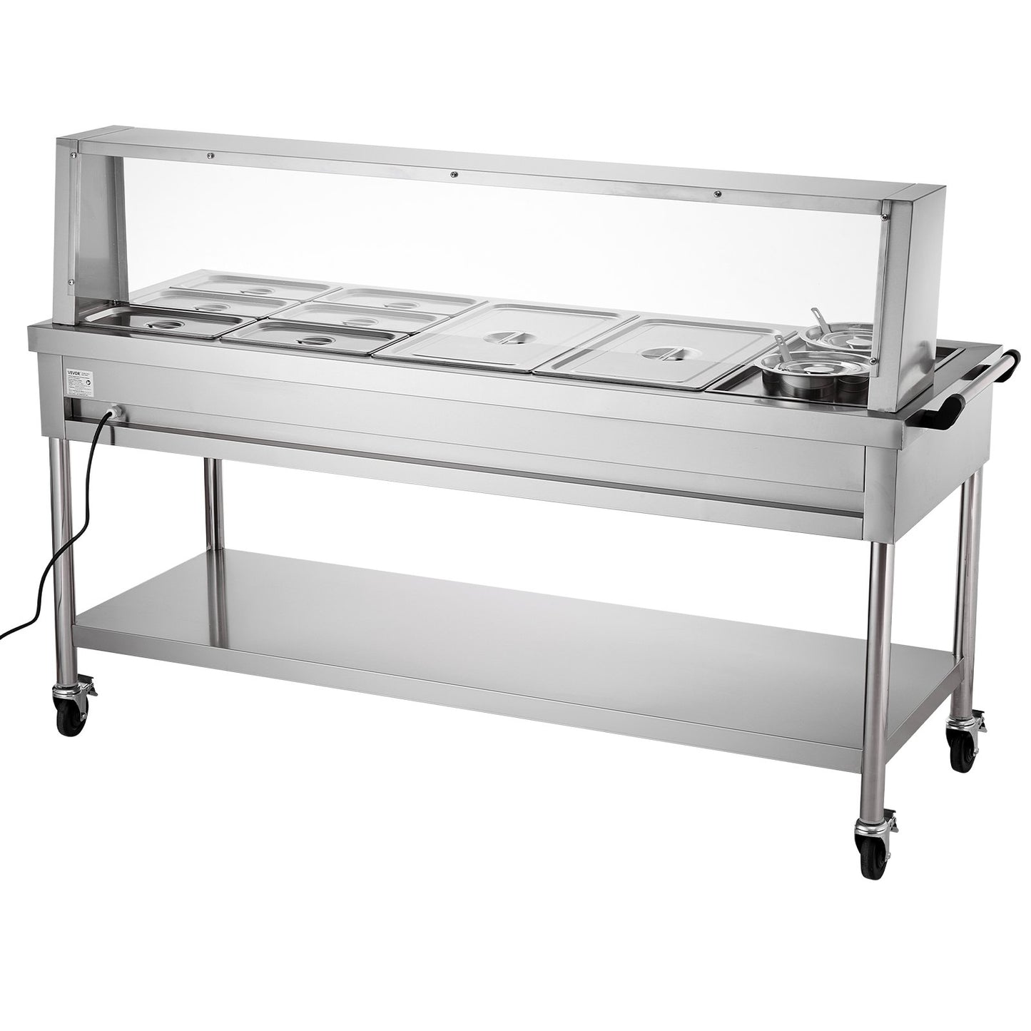 Commercial Food Warmer, 8 Pans + 2 Pots Electric Steam Table, 1800W Professional Buffet Catering Food Warmer with Shield Undershelf Wheels, Stainless Steel Server for Party Restaurant