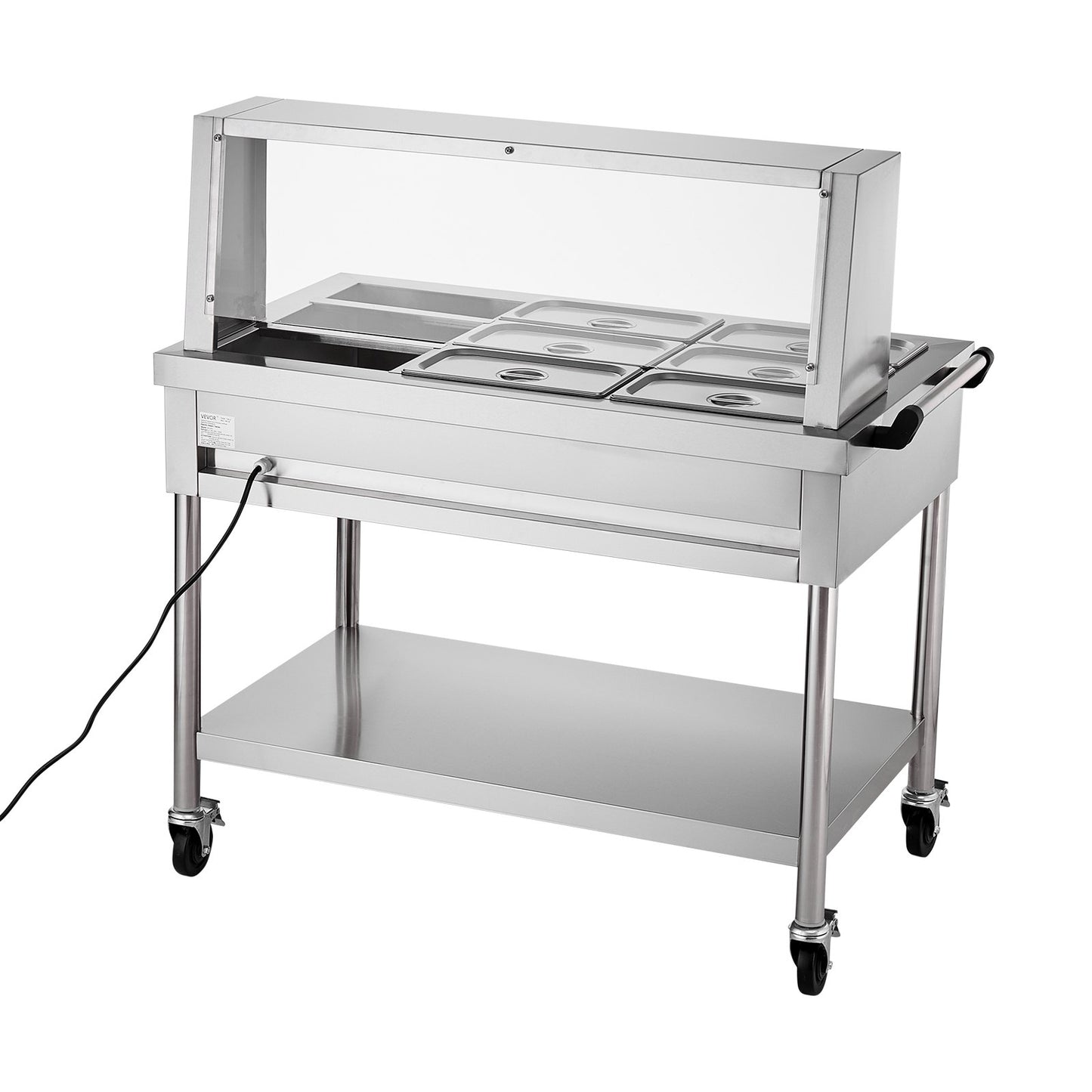 9-Pan Commercial Food Warmer, 9 x 1/3 Pans Electric Steam Table, 1500W Professional Buffet Catering Food Warmer with Shield Undershelf Wheels, Stainless Steel Server for Party Restaurant