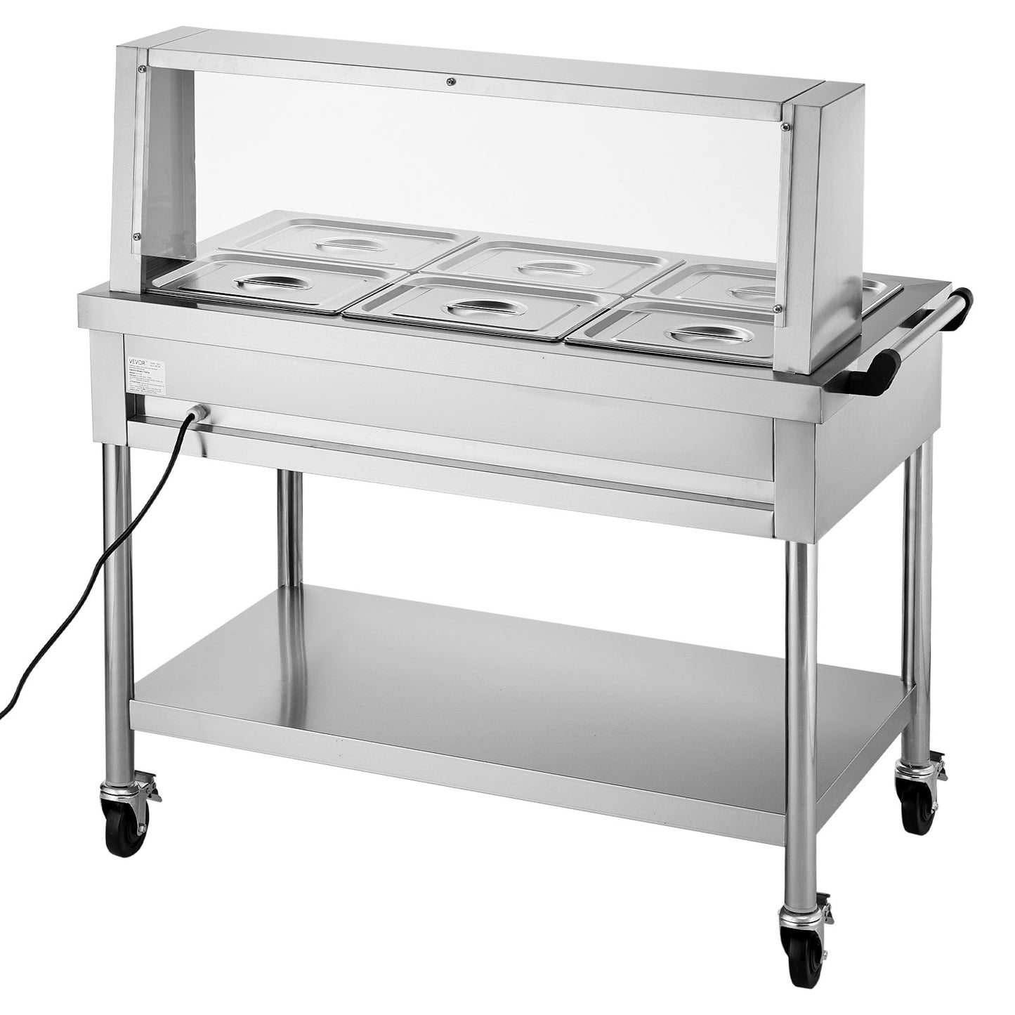 6-Pan Commercial Food Warmer, 6 x 1/2 Pans Electric Steam Table, 1500W Professional Buffet Catering Food Warmer with Shield Undershelf Wheels, Stainless Steel Server for Party Restaurant
