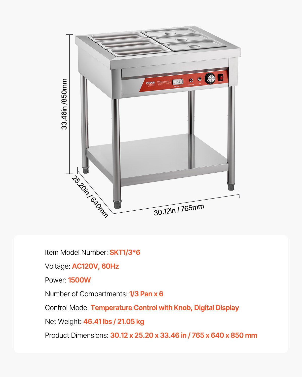 6-Pan Commercial Food Warmer, 6 x 1/3 Pans Electric Steam Table, 1500W Professional Buffet Catering Food Warmer with Undershelf, Stainless Steel Server for Restaurant Party Hotel