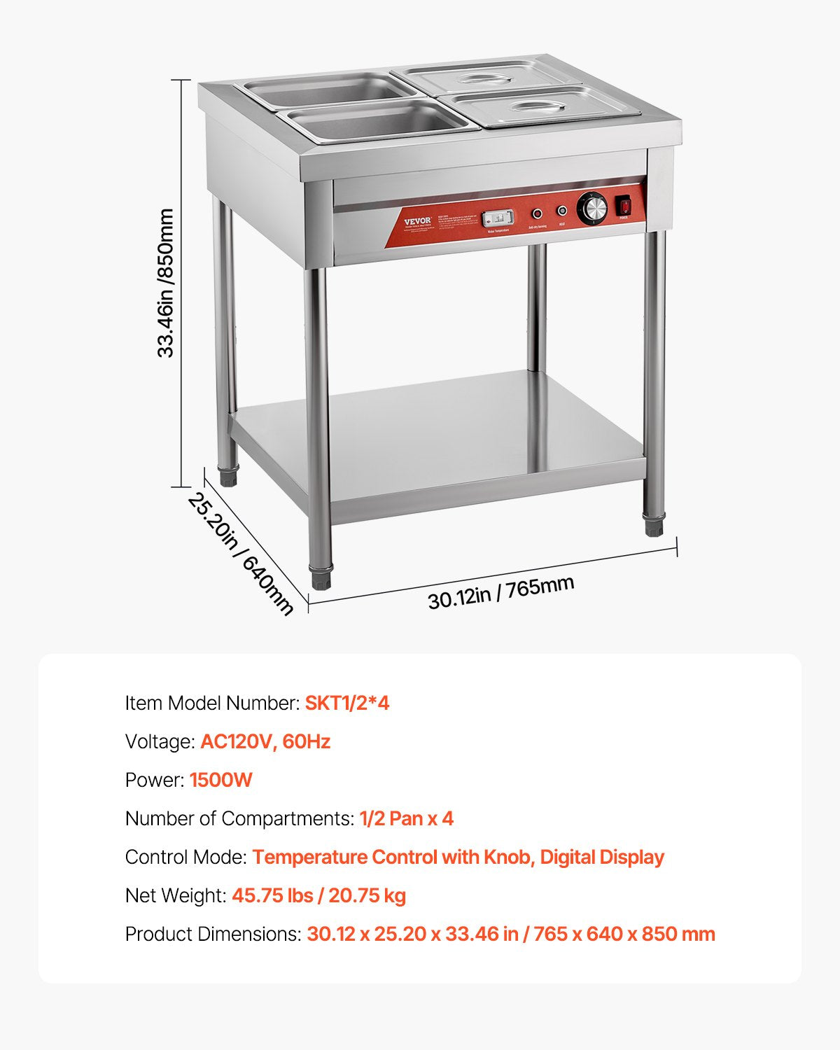 4-Pan Commercial Food Warmer, 4 x 1/2 Pans Electric Steam Table, 1500W Professional Buffet Catering Food Warmer with Undershelf, Stainless Steel Server for Restaurant Party Hotel