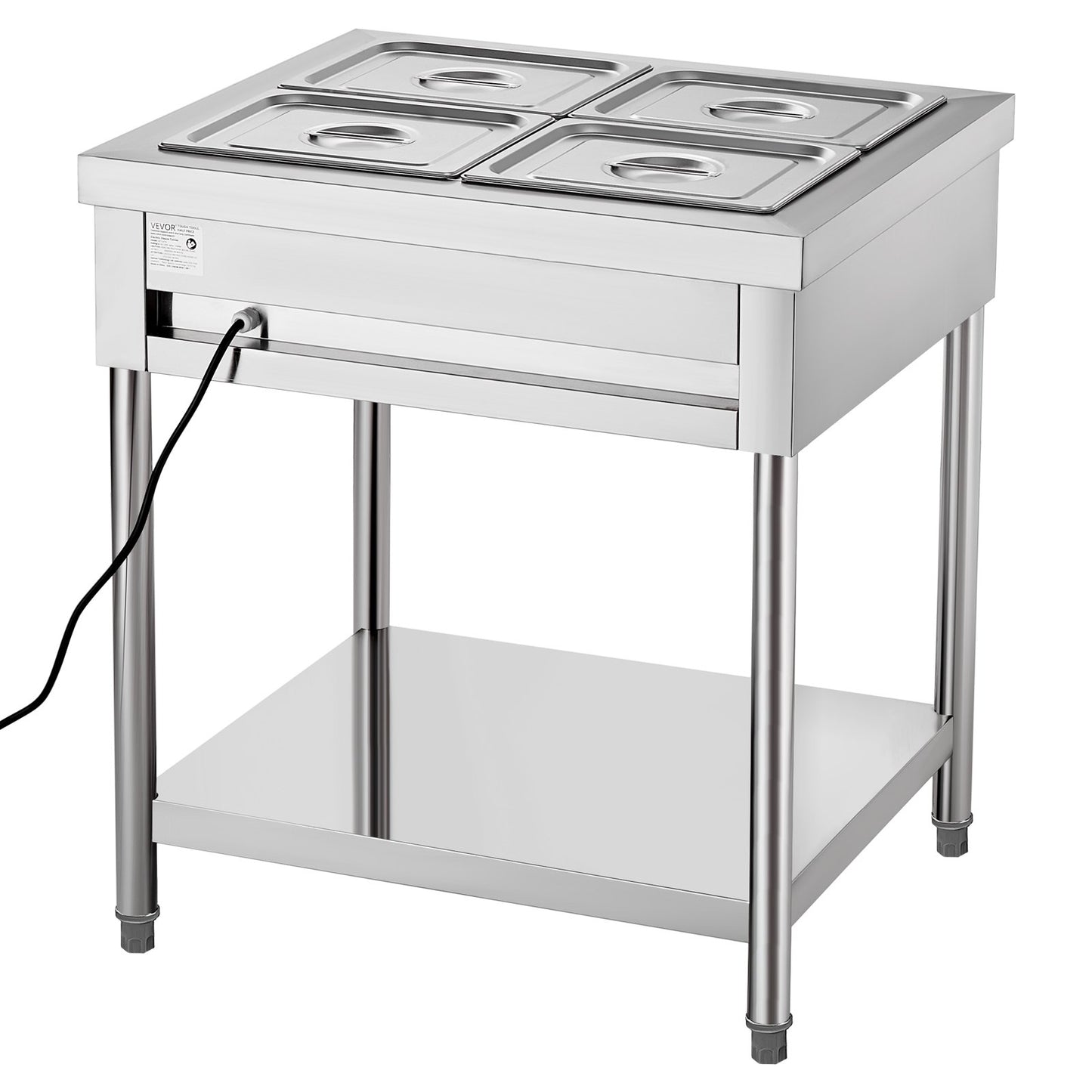 4-Pan Commercial Food Warmer, 4 x 1/2 Pans Electric Steam Table, 1500W Professional Buffet Catering Food Warmer with Undershelf, Stainless Steel Server for Restaurant Party Hotel