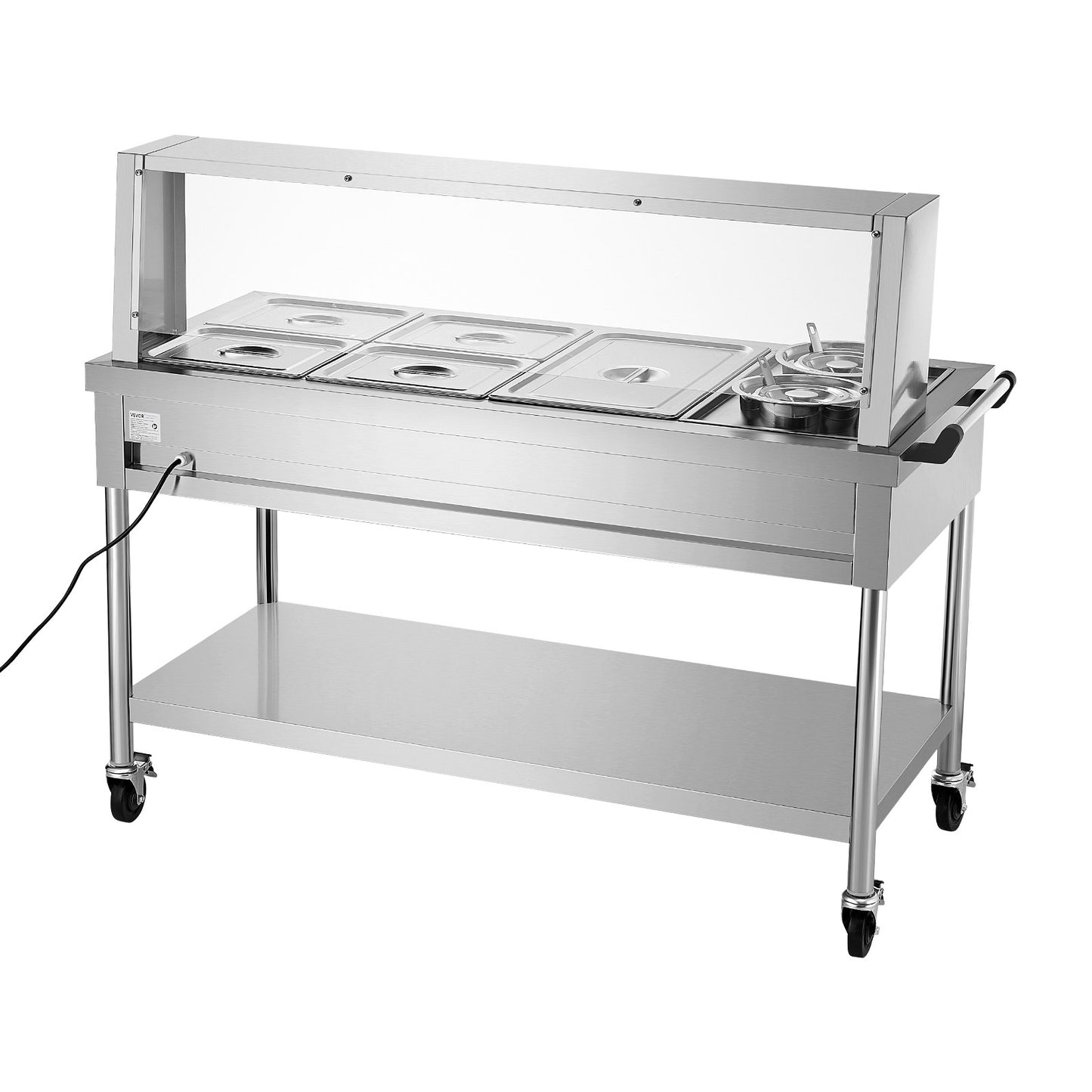 Commercial Food Warmer, 5 Pans + 2 Pots Electric Steam Table, 1800W Professional Buffet Catering Food Warmer with Shield Undershelf Wheels, Stainless Steel Server for Party Restaurant Hotel