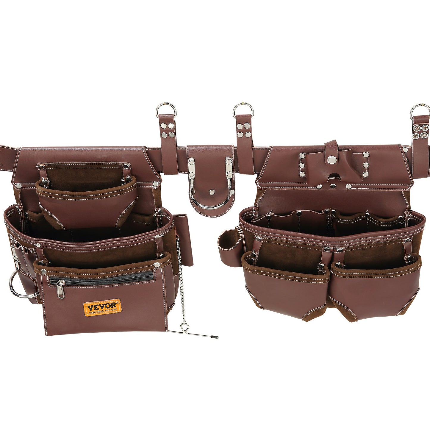 Verktygsbälte, 22 fickor, Juster från 29 tum till 54 tum, Premium PU Heavy Duty verktygsväska, löstagbar verktygsväska för elektriker, snickare, hantverkare, träarbetare, konstruktion, ramverk, brun