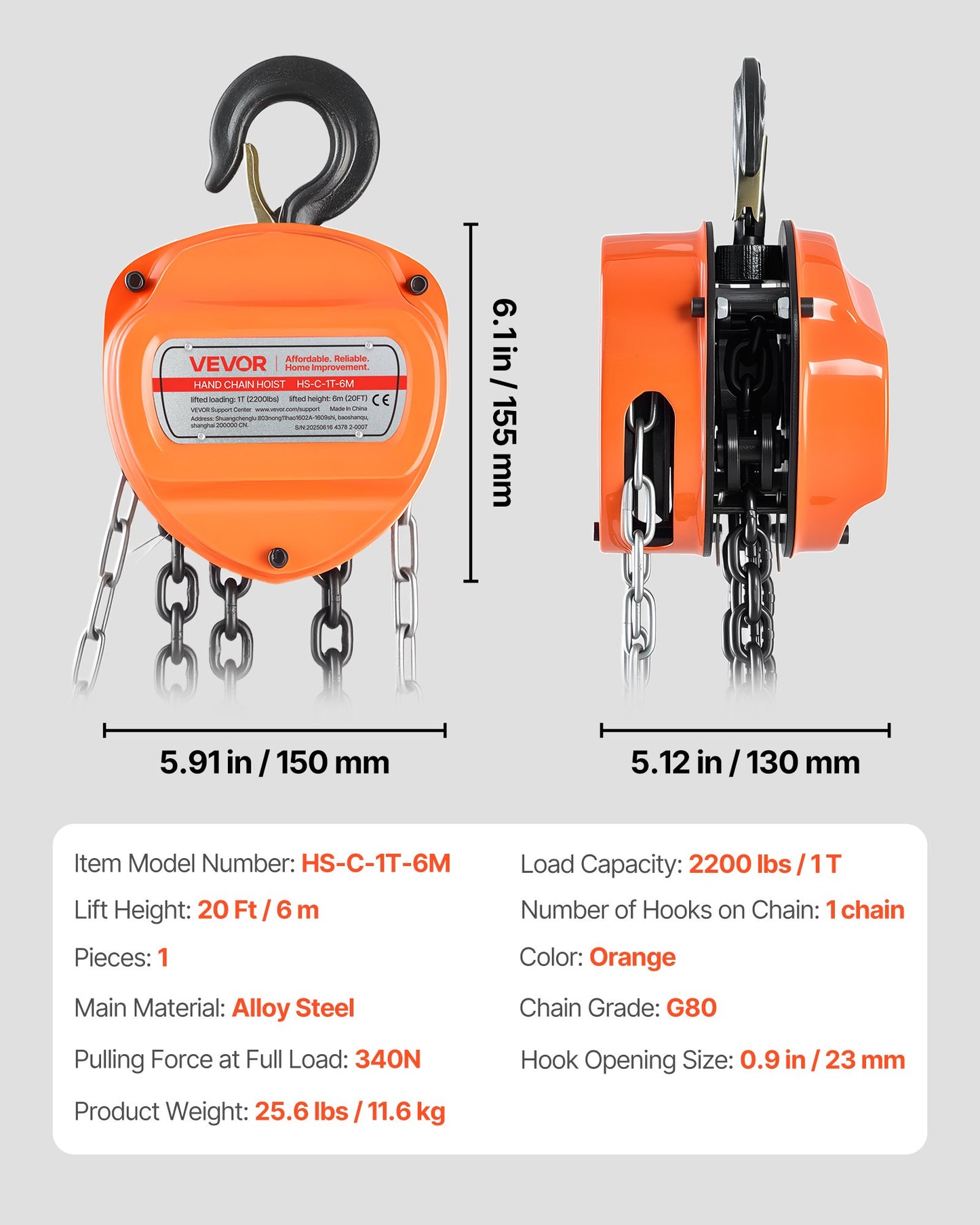 Hand Chain Hoist, 1 Ton 2200 lbs Capacity, Manual Chain Block with Upgrade G80 Galvanized Chain, 20 ft Lifting Height, Heavy Duty Pulley Hoist for Garage Warehouse Automotive Machinery, Orange