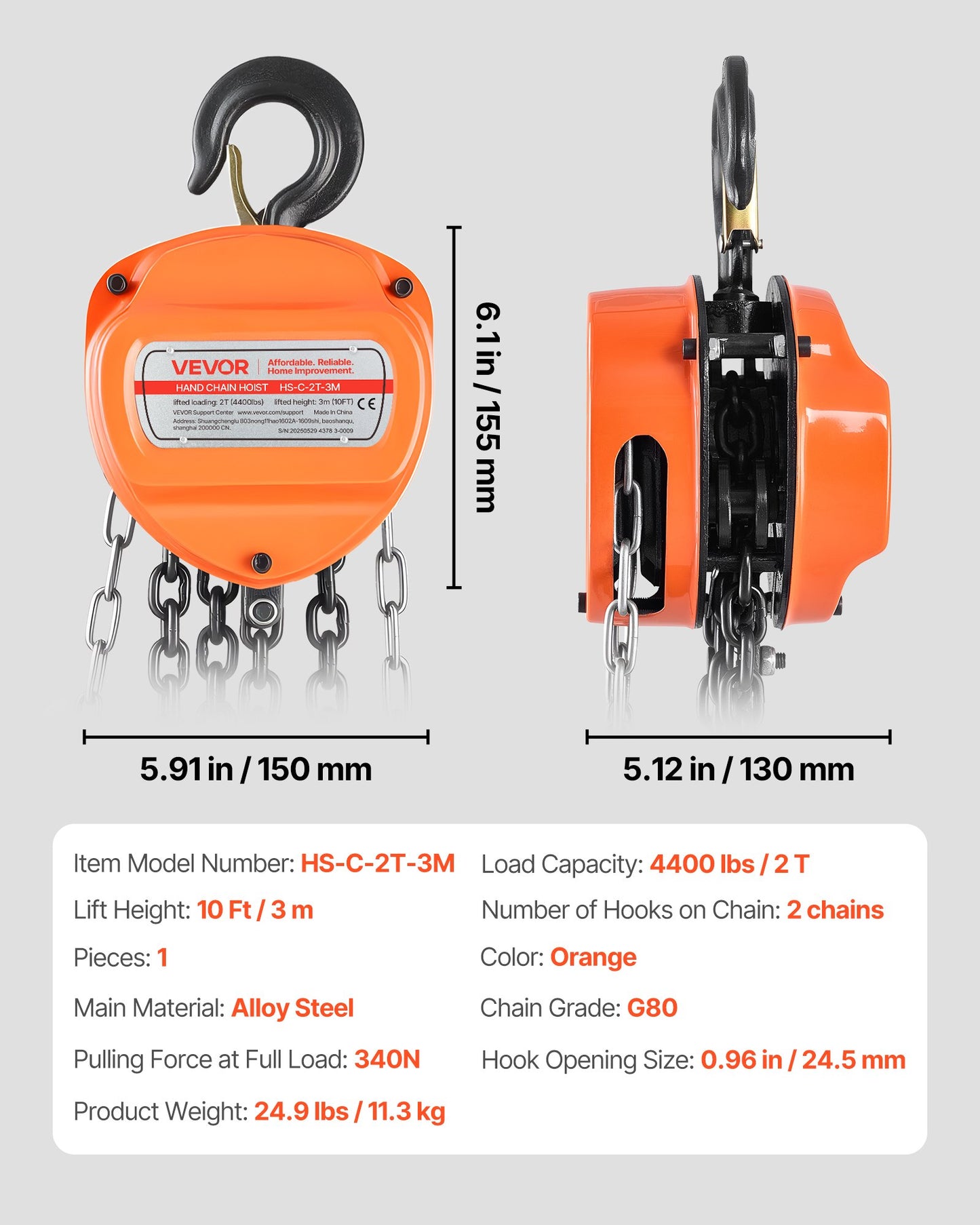 Hand Chain Hoist, 2 Ton 4400 lbs Capacity, Manual Chain Block with Upgrade G80 Galvanized Chain, 10 ft Lifting Height, Heavy Duty Pulley Hoist for Garage Warehouse Automotive Machinery, Orange