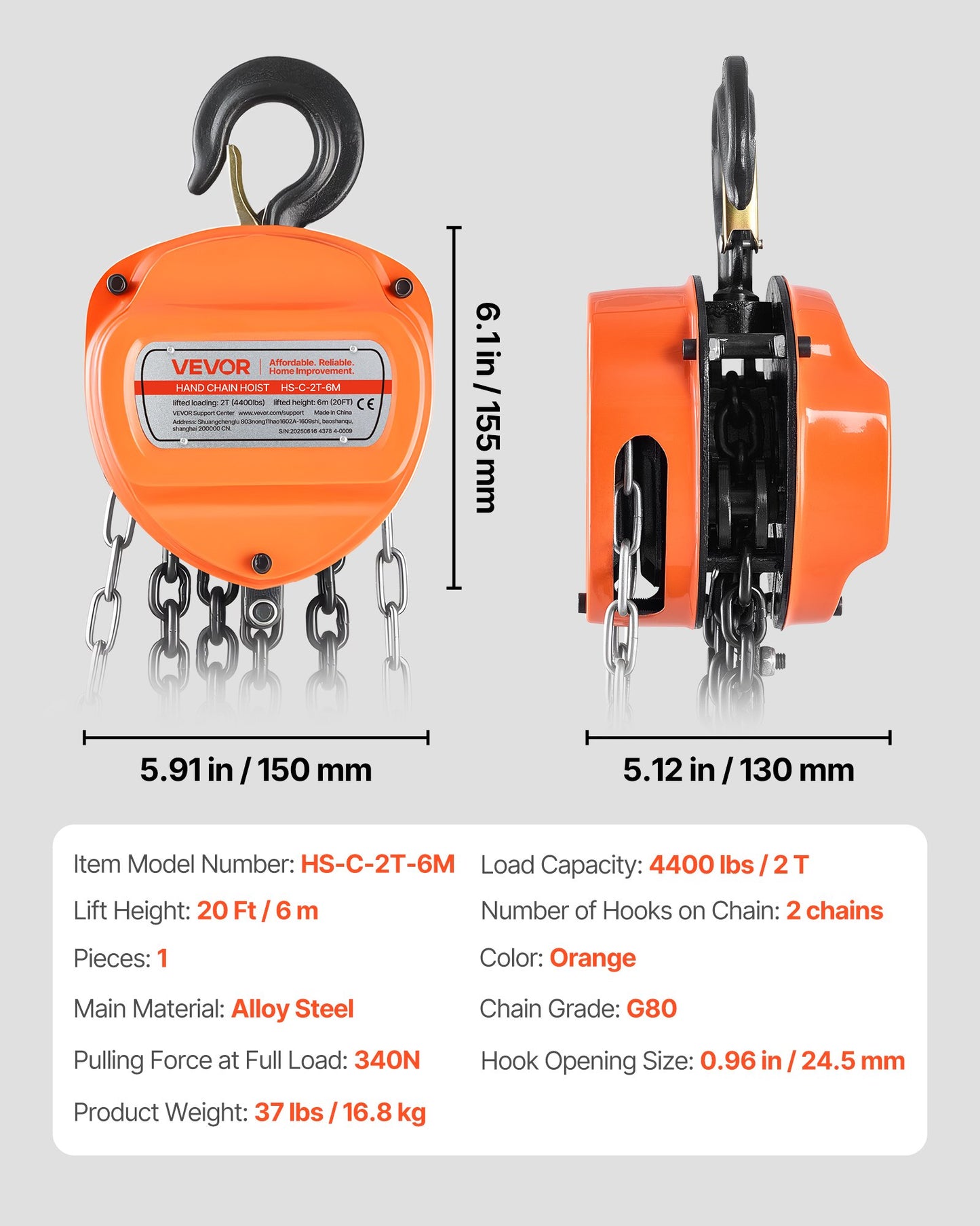 Hand Chain Hoist, 2 Ton 4400 lbs Capacity, Manual Chain Block with Upgrade G80 Galvanized Chain, 20 ft Lifting Height, Heavy Duty Pulley Hoist for Garage Warehouse Automotive Machinery, Orange