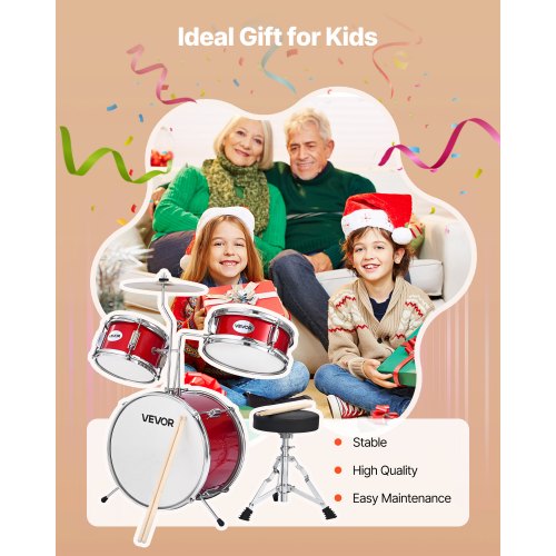 Kinderschlagzeug 3-teiliges Junior-Musikschlagzeug mit 14-Zoll-Basstrommel (Rot)