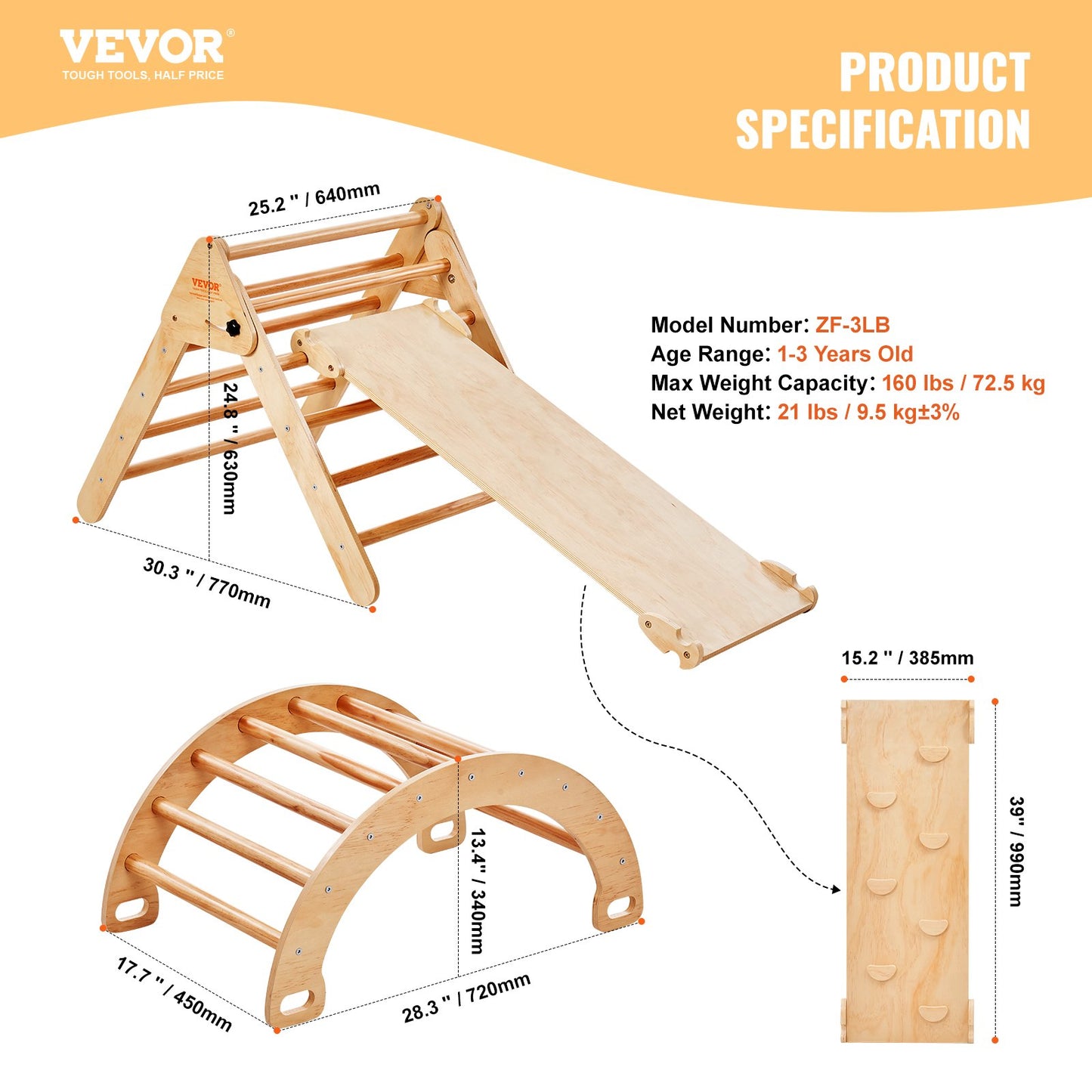 Pikler Triangle Set, 5 in 1 Toddler Climbing Toys Indoor Playground, Ramp, and Arch, Montessori Climbing Set with Triangle, Large Size Wooden Climbing Gym for Toddlers 1-3 Years, Wood Color