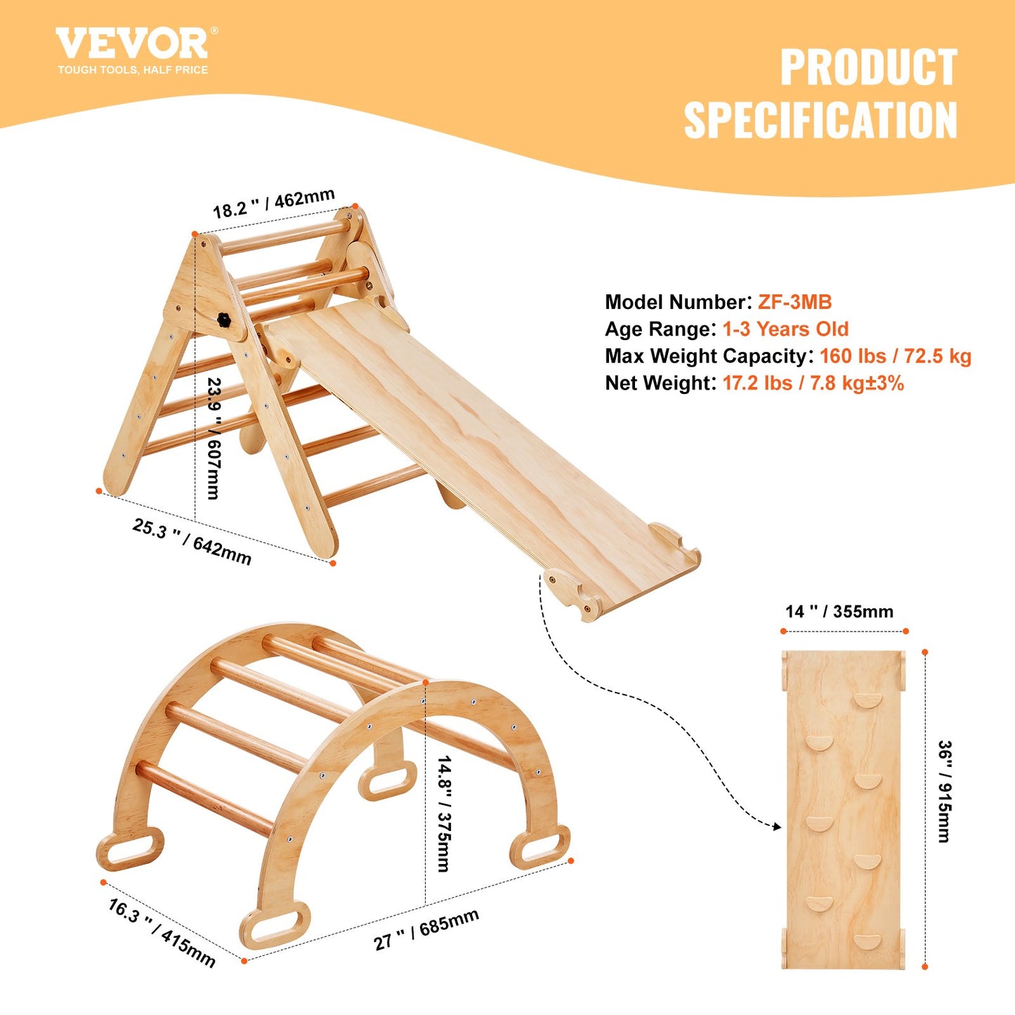 Pikler Triangle Set, 5 in 1 Toddler Climbing Toys Indoor Playground, Ramp, and Arch, Montessori Climbing Set with Triangle, Medium Size Wooden Climbing Gym for Toddlers 1-3 Years, Wood Color