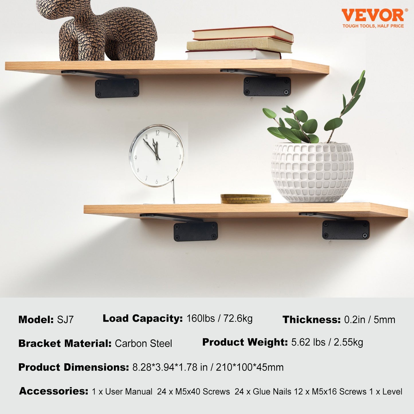 Shelf Bracket, 8”L x 4”W x 1.6”H 6 Pcs, Heavy Duty Floating Shelf Brackets, Brackets for Shelves, 5mm Thick Matte Black L Shelf Bracket,Steel Shelving Brackets with 160 lbs Load Capacity