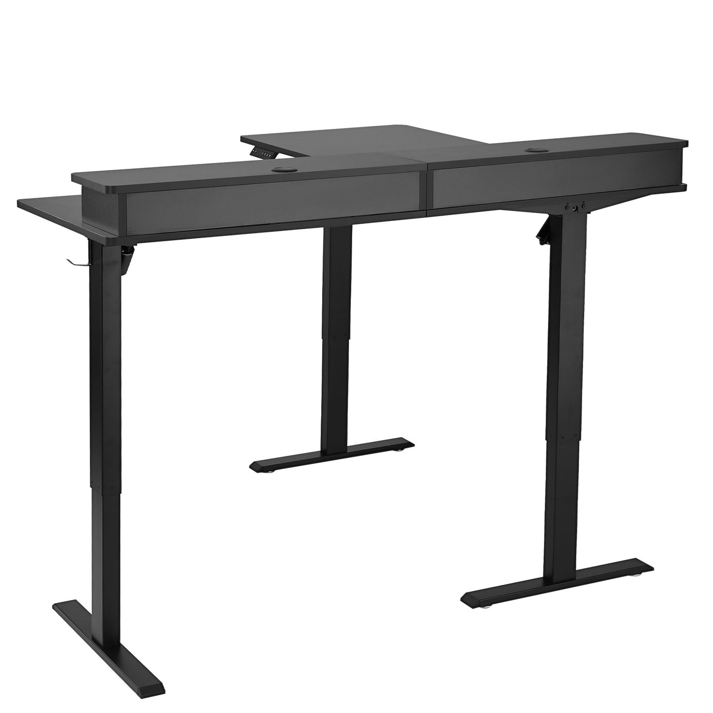 L Shaped Desk, Electric Adjustable Height Corner Gaming Desk with CPU Stand, Dual Hooks and Fabric Drawers, L-Shaped Computer Table with Light Strip for Home Office, Easy to Assemble, Black