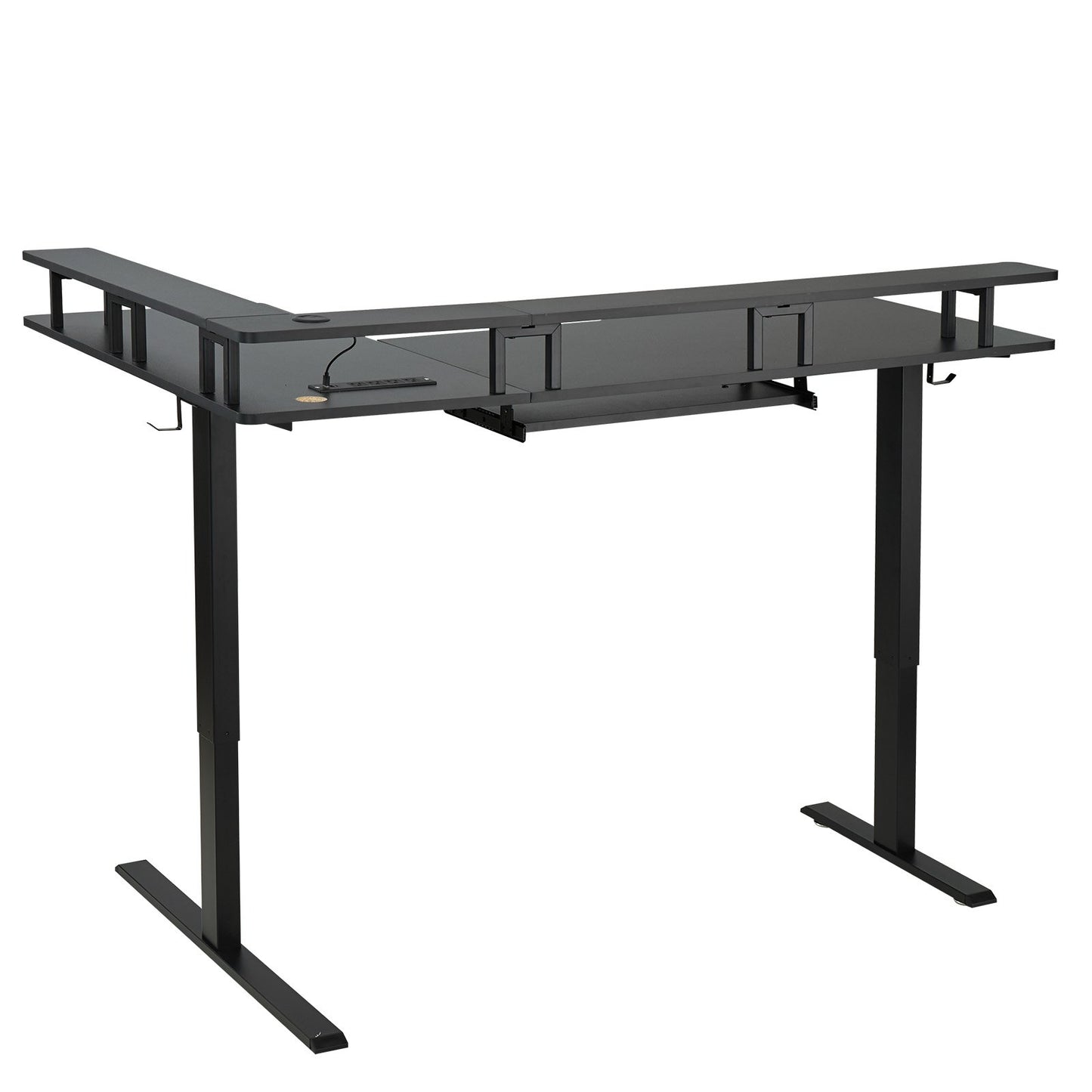 L Shaped Desk, Electric Adjustable Height Corner Gaming Desk with Keyboard Tray and Dual Hooks, Heavy Duty L-Shaped Computer Table with Light Strip for Home Office, Easy to Assemble, Black