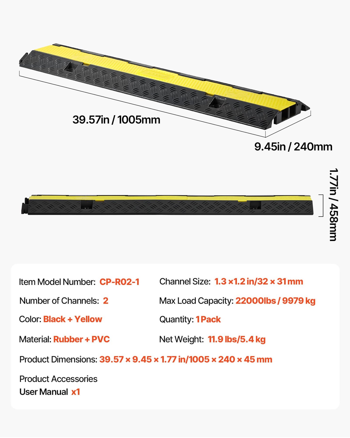 Cable Protector Ramp, 22,000 lbs/axle Capacity, 2 Channel Heavy Duty Rubber Cord Hose Wire Cover, 1.3 x 1.2 in Channel, Traffic Speed Bump with Flip-Open Top Cover, for Indoor Outdoor, 1 Pack