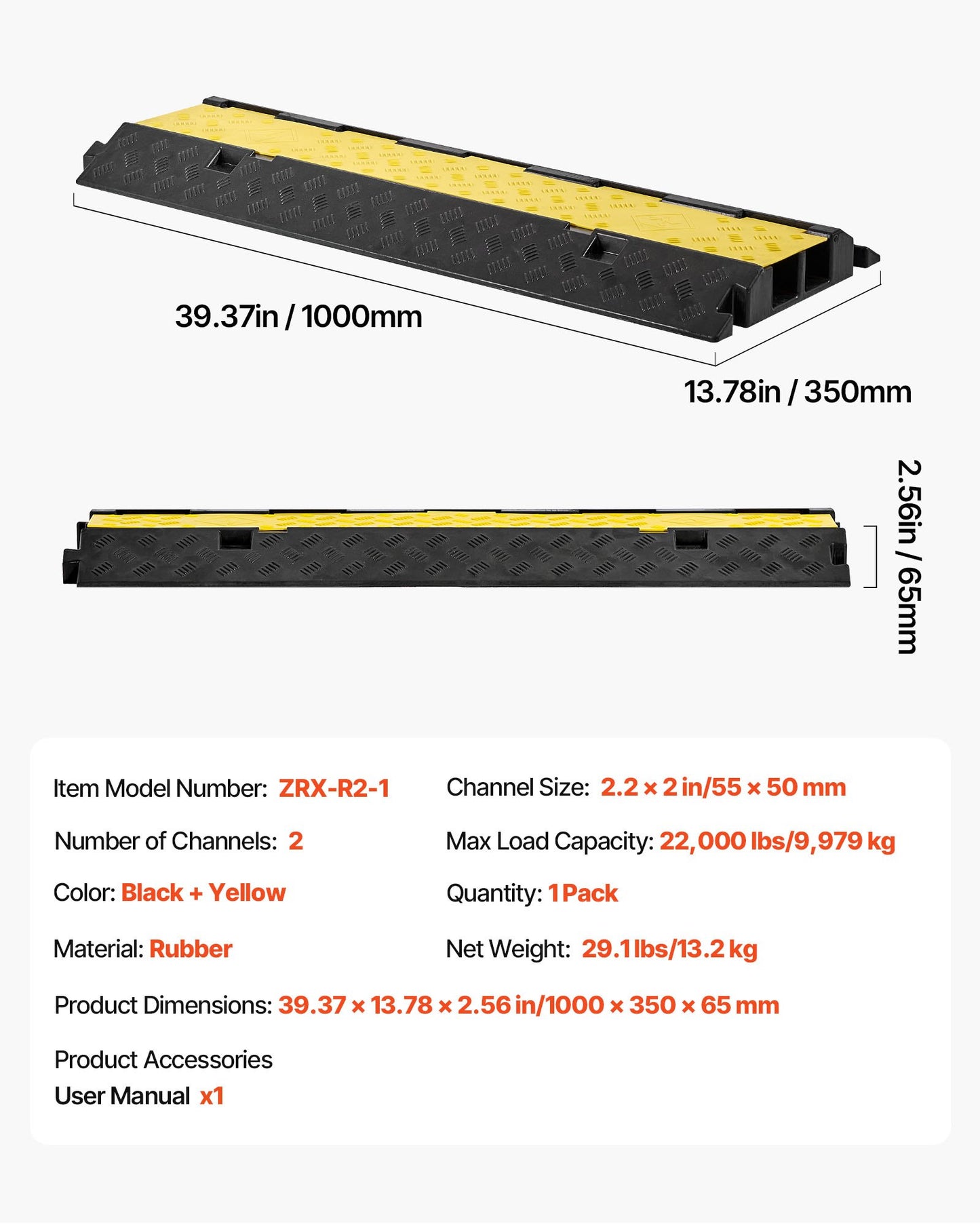 Cable Protector Ramp, 22,000 lbs/axle Capacity, 2 Channel Heavy Duty Rubber Cord Hose Wire Cover, 2.2 x 2 in Channel, Traffic Speed Bump with Flip-Open Top Cover, for Indoor Outdoor, 1 Pack