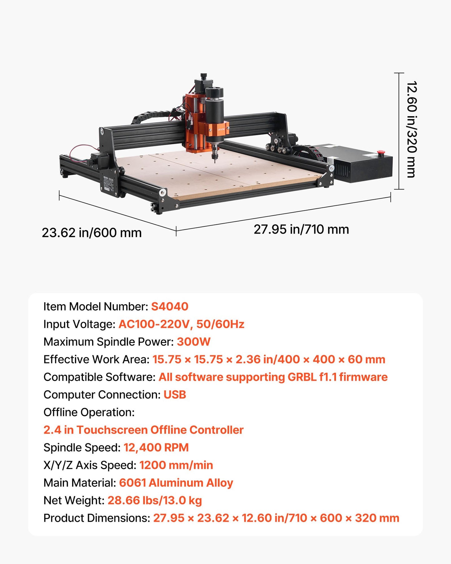 CNC Router Machine, 300W Spindle, 3-Axis Wood Engraving Milling Machine, with 15.75 x 15.75 x 2.36 in Working Area, Offline Controller, Aluminum Alloy Structure, for Wood Acrylic Carving Cutting