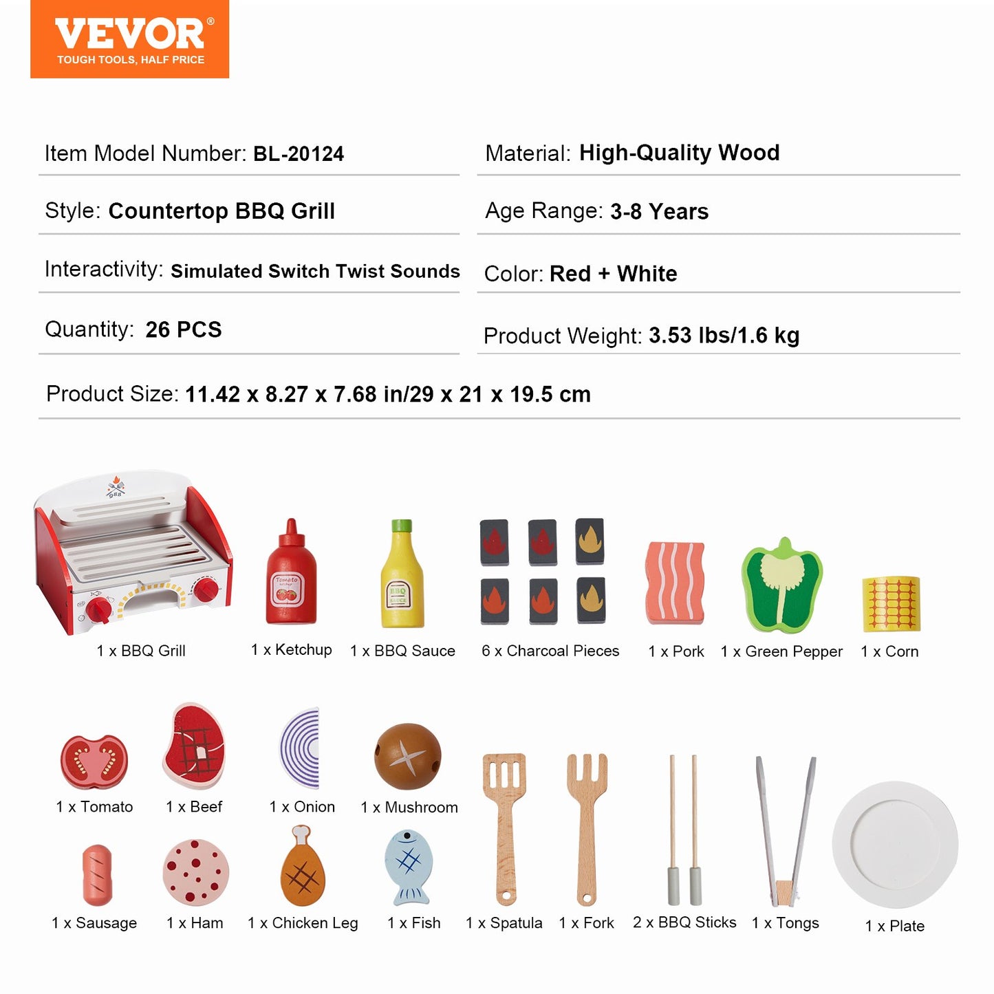 Kids BBQ Grill Playset, Wooden Grill Playset With Realistic Carbon Fire, Wooden Play Food Kitchen Accessory (26 PCS), Indoor/Outdoor Interactive Pretend Play Toys for Boys Girls Ages 3+ Gift