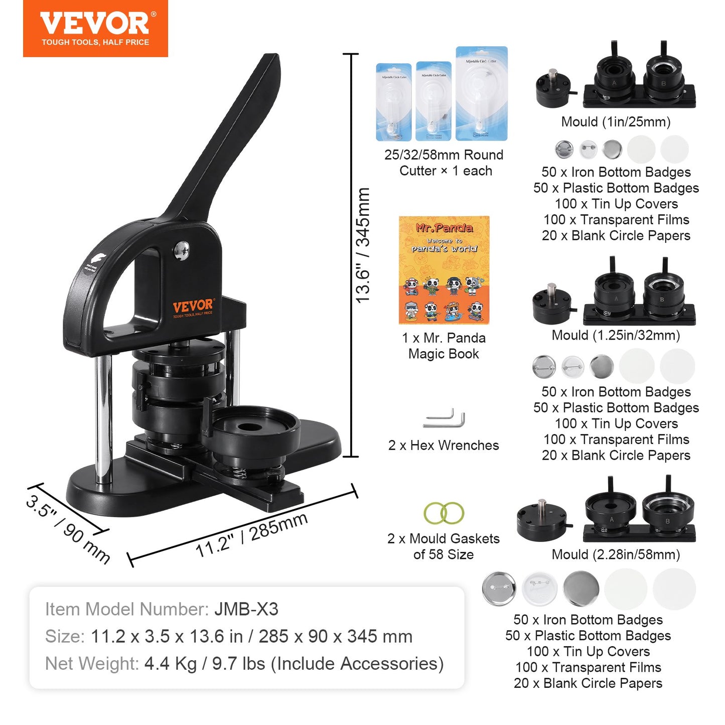 Button Maker, 1/1.25/2.28 inch(25/32/58mm) 3-IN-1 Pin Maker, with 300pcs Button Parts, Button Maker Machine with Panda Magic Book, Ergonomic Arc Handle Punch Press Kit, For Children DIY Gifts