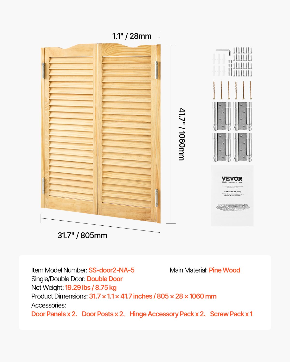 Double Saloon Doors, 32"W x 42" H Arched Top Interior Swinging Cafe Doors, Premium Pine Wood, with Hinges & Hardware Kit, Easy to Install, for Hallway Kitchen Bar Pub Entrance, Log Color