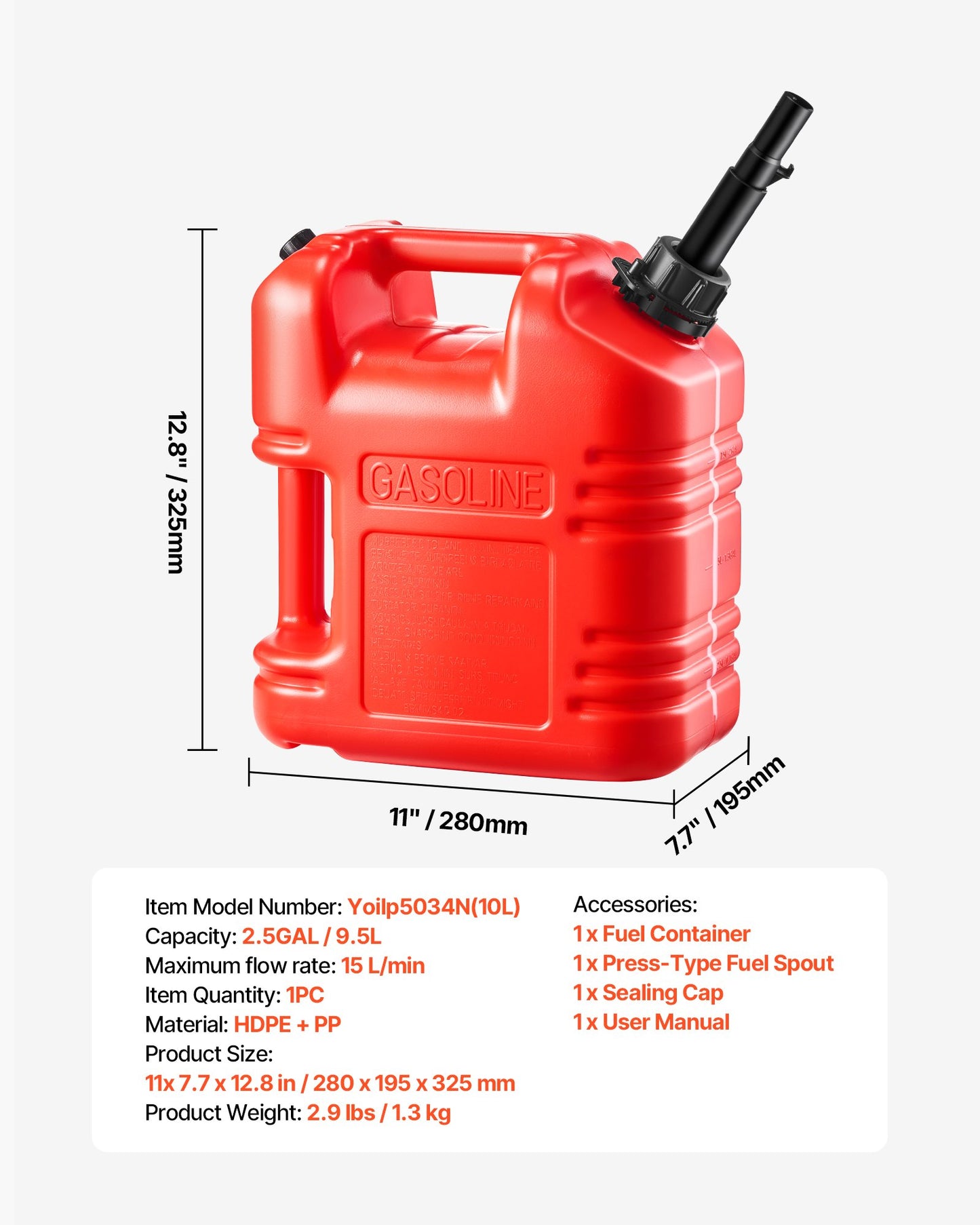 Fuel Container, 2.5 Gallon, Gas Tank with Spout & Clear Scale, 15 L/min Max Flow Rate, Secure & Leak-proof, Portable Flat Fluid Container for Most Cars Motorcycle ATV UTV, Red, 1 Pack