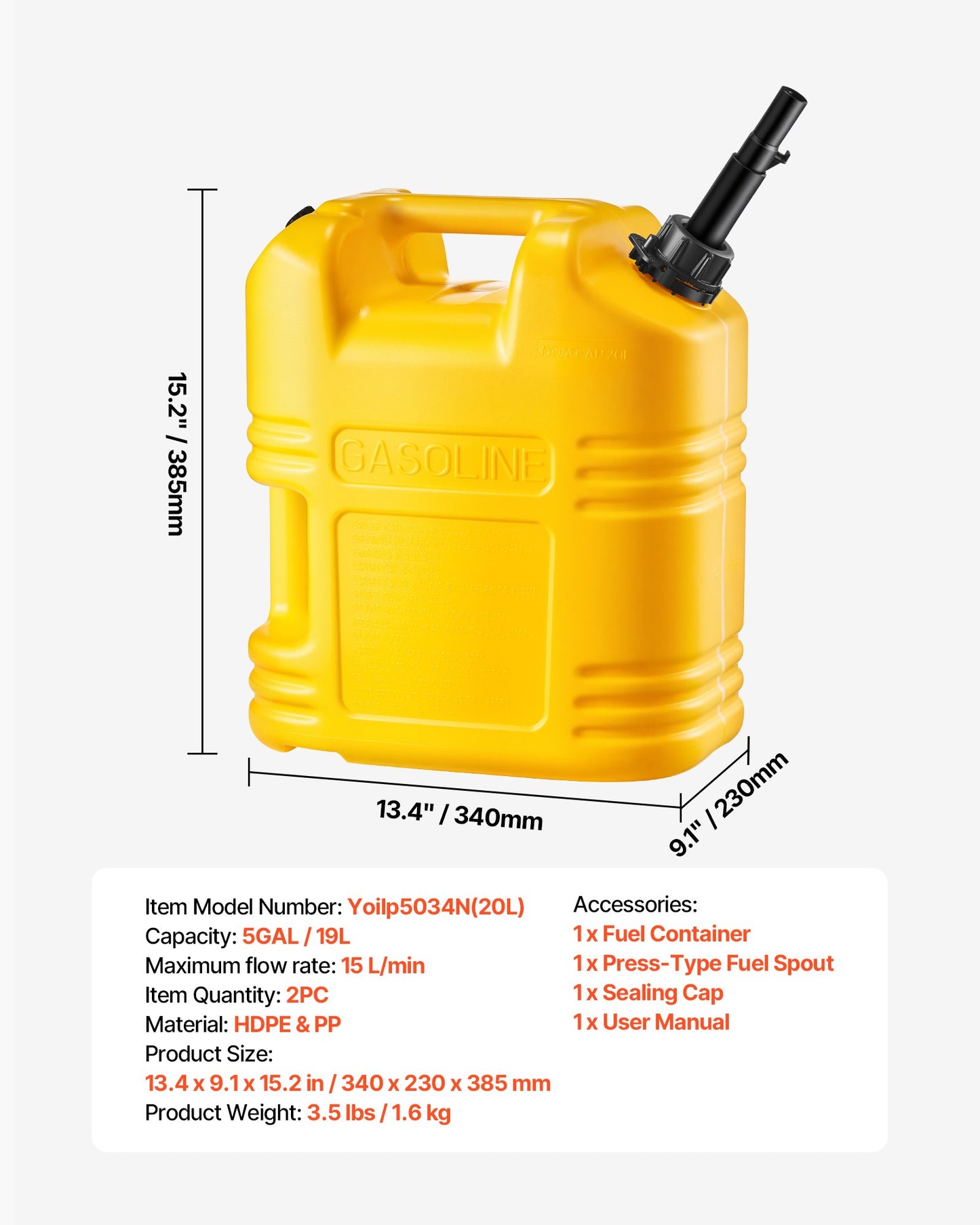 Fuel Container, 5 Gallon, Gas Tank with Spout & Clear Scale, 15 L/min Max Flow Rate, Secure & Leak-proof, Portable Flat Fluid Container for Most Cars Motorcycle SUV ATV UTV, Yellow, 2 Packs